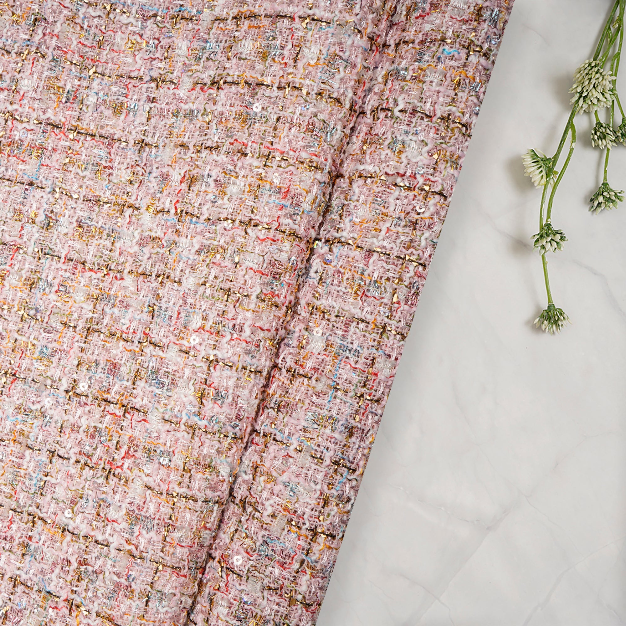 Baby Pink Premium Metallic Tweed Fabric (60" Width)