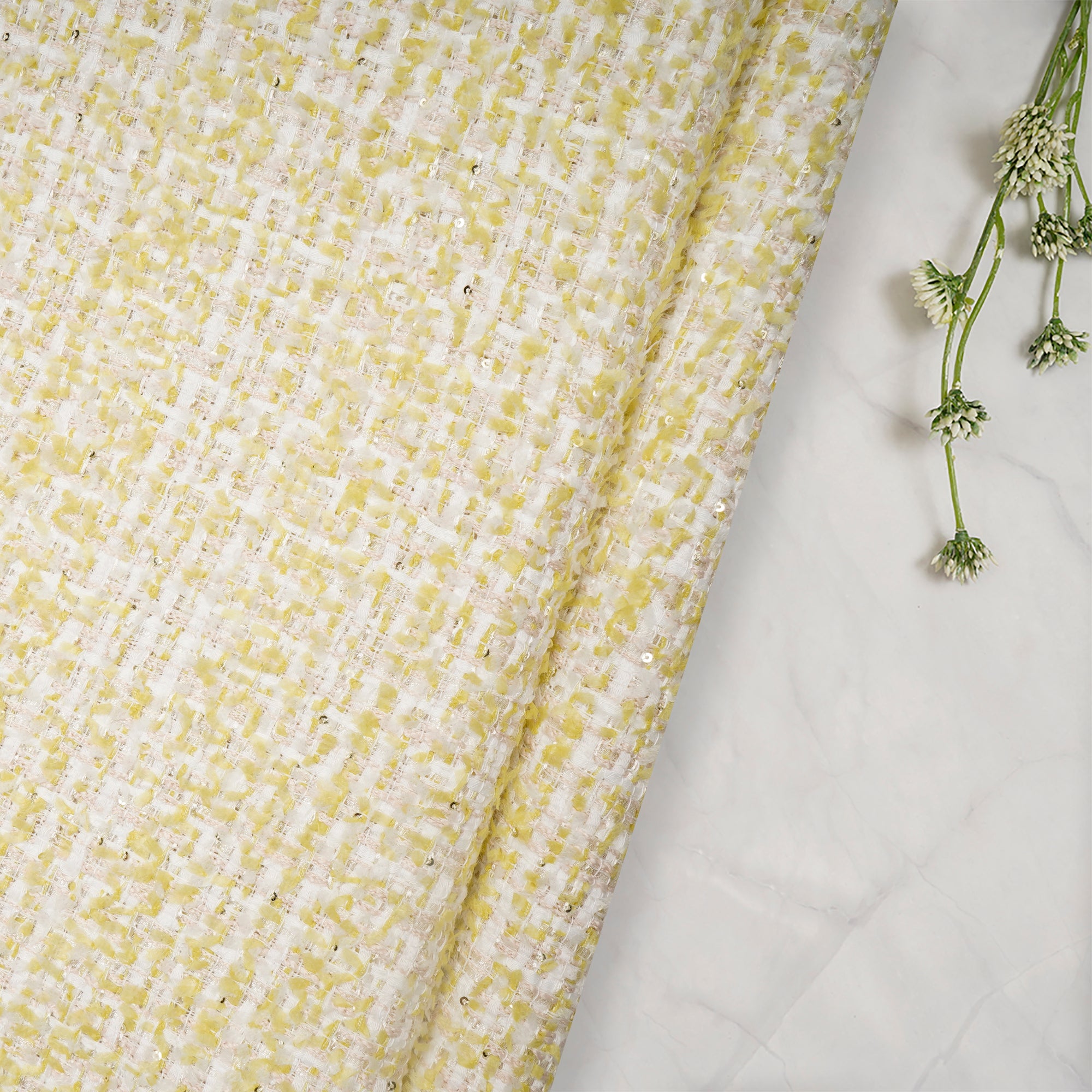 Lime Yellow Premium Sequins Tweed Fabric (60" Width)