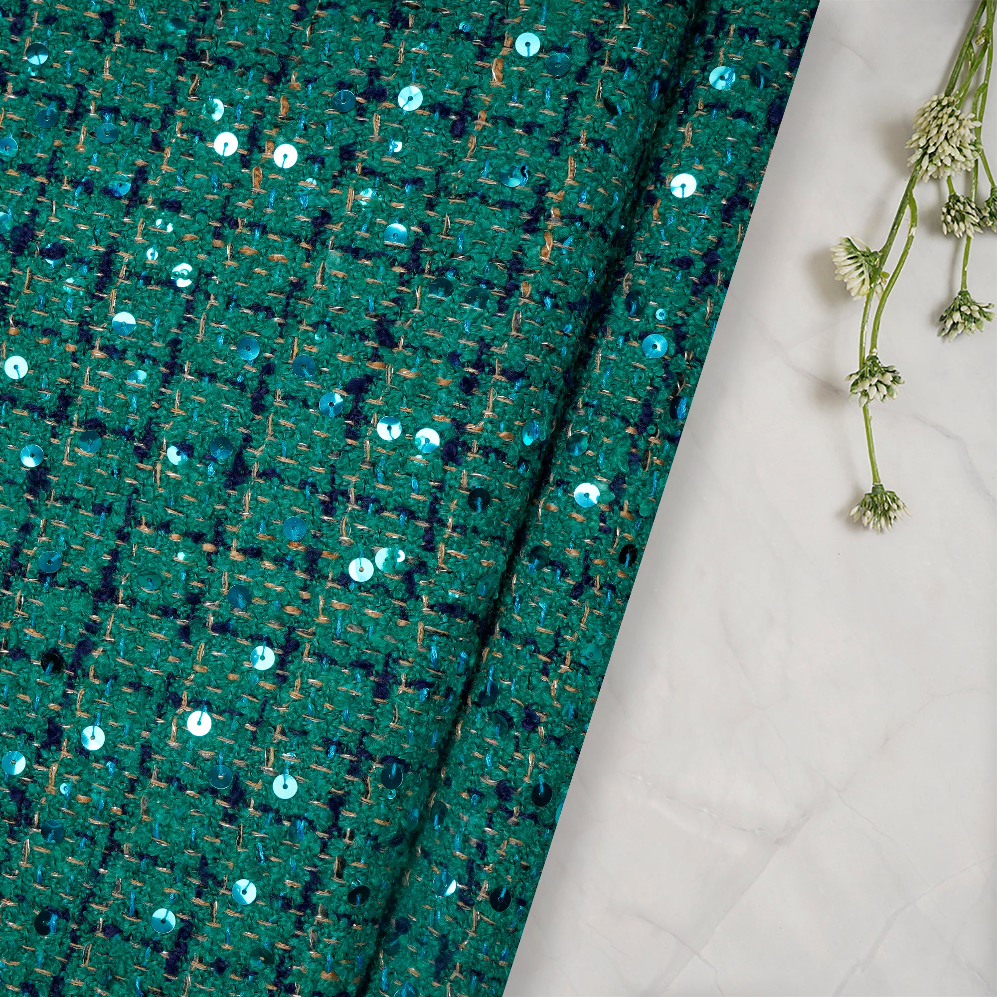 Green Premium Sequins Tweed Fabric (60" Width)