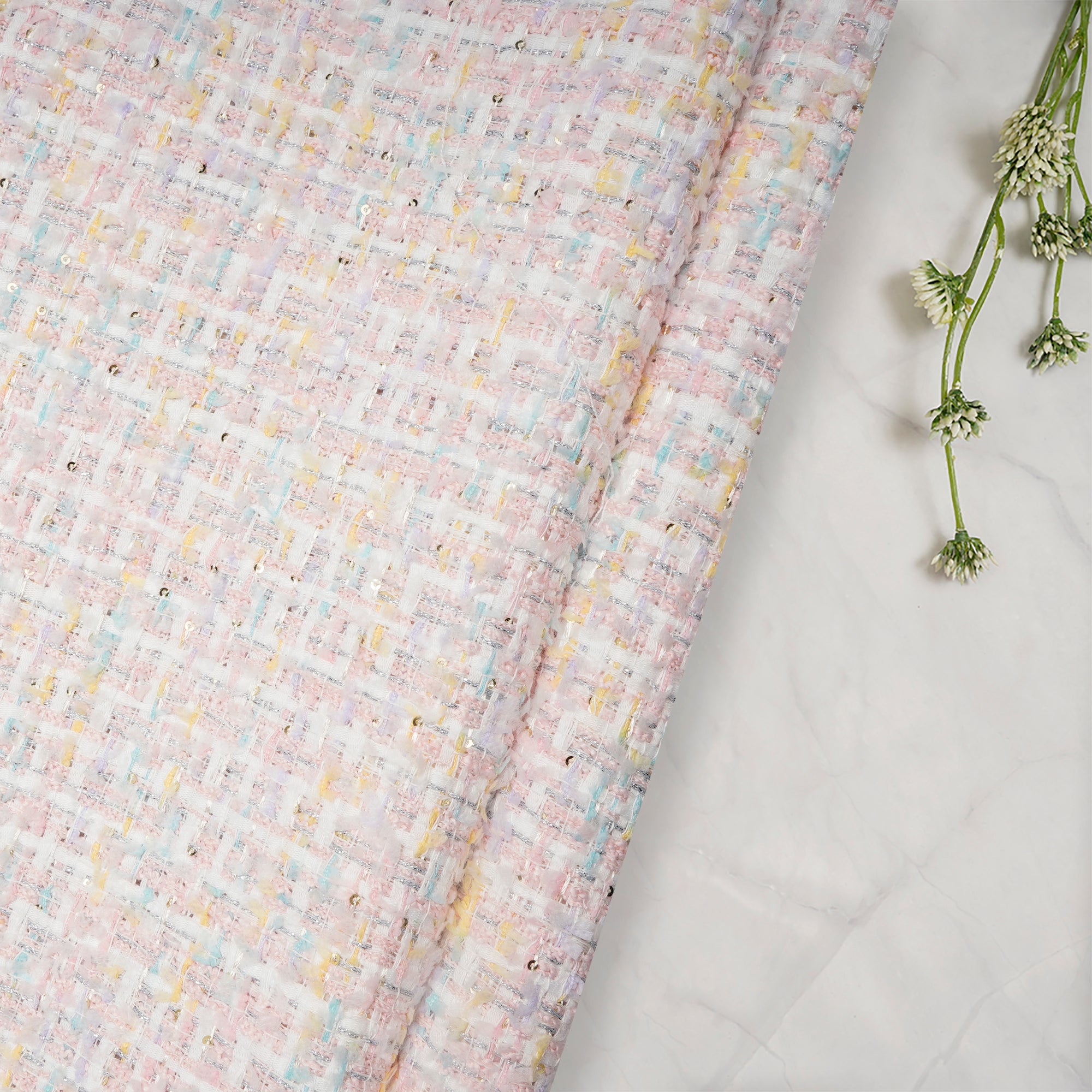 Pastel Pink Premium Sequins Tweed Fabric (60" Width)