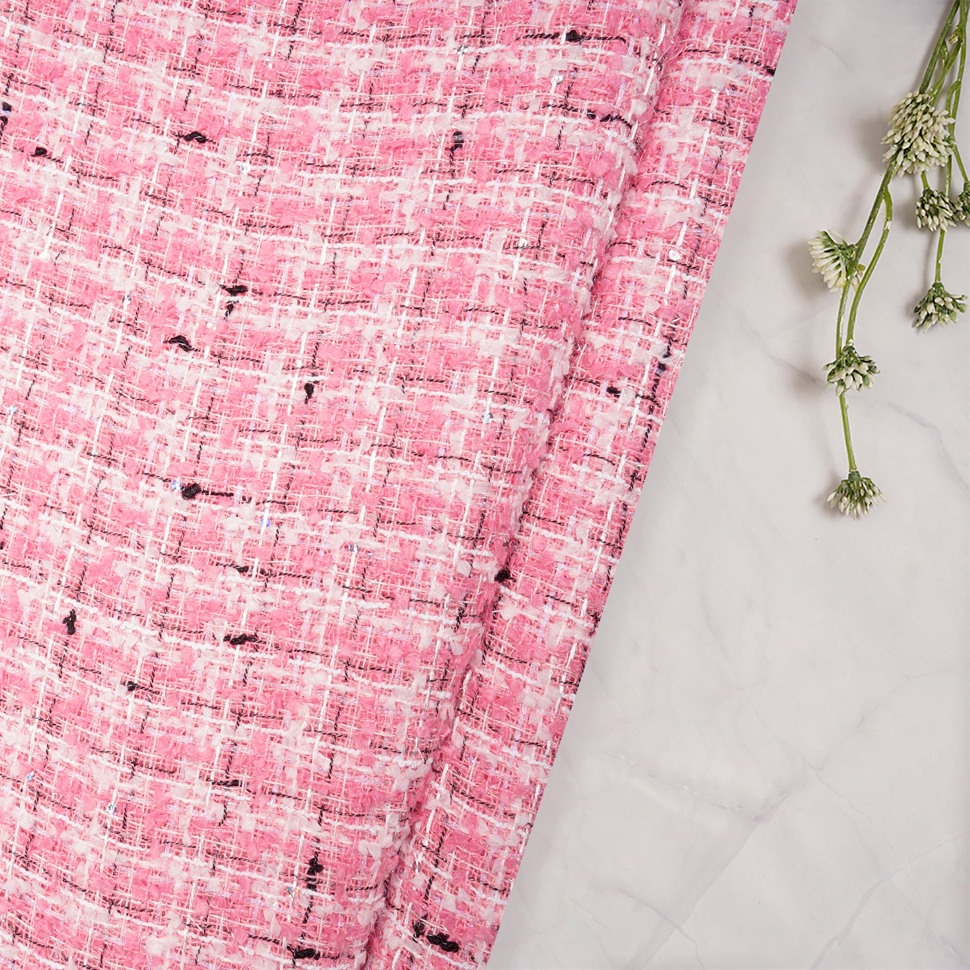Baby Pink Premium Sequins Tweed Fabric (60" Width)