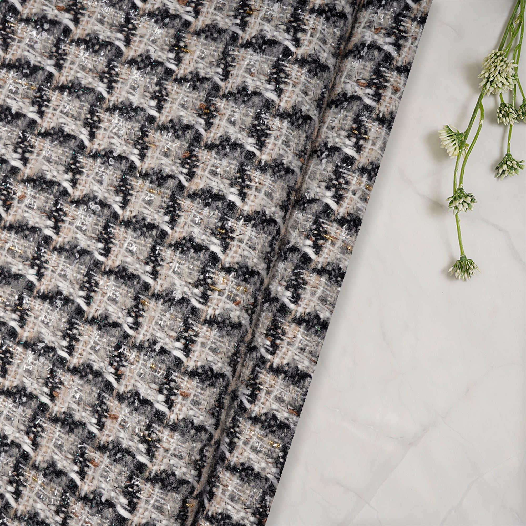 Black-Grey Premium Metallic Tweed Fabric (60" Width)
