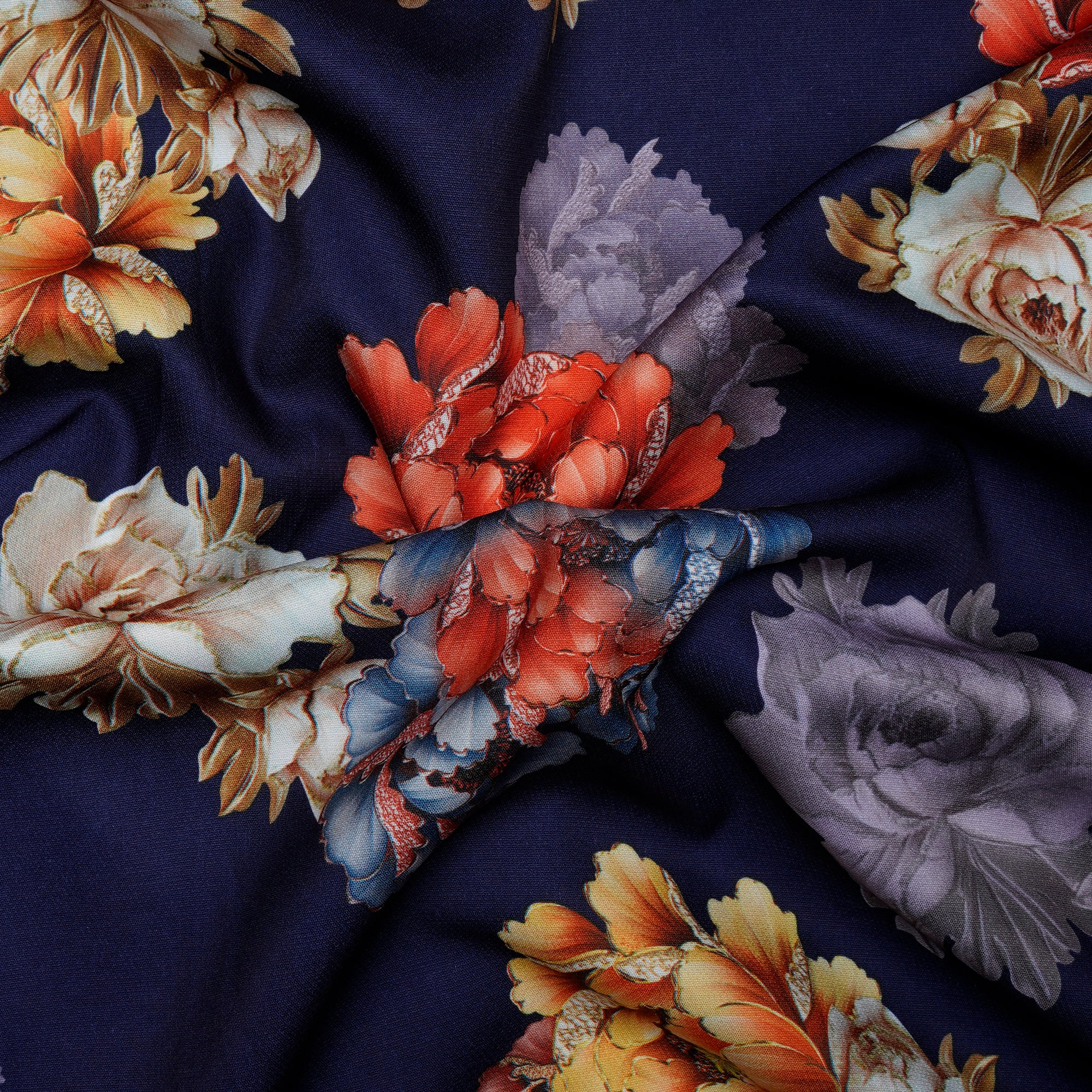 Navy Blue Floral Pattern Imported Digital Printed Banana Crepe Fabric (60" Width)