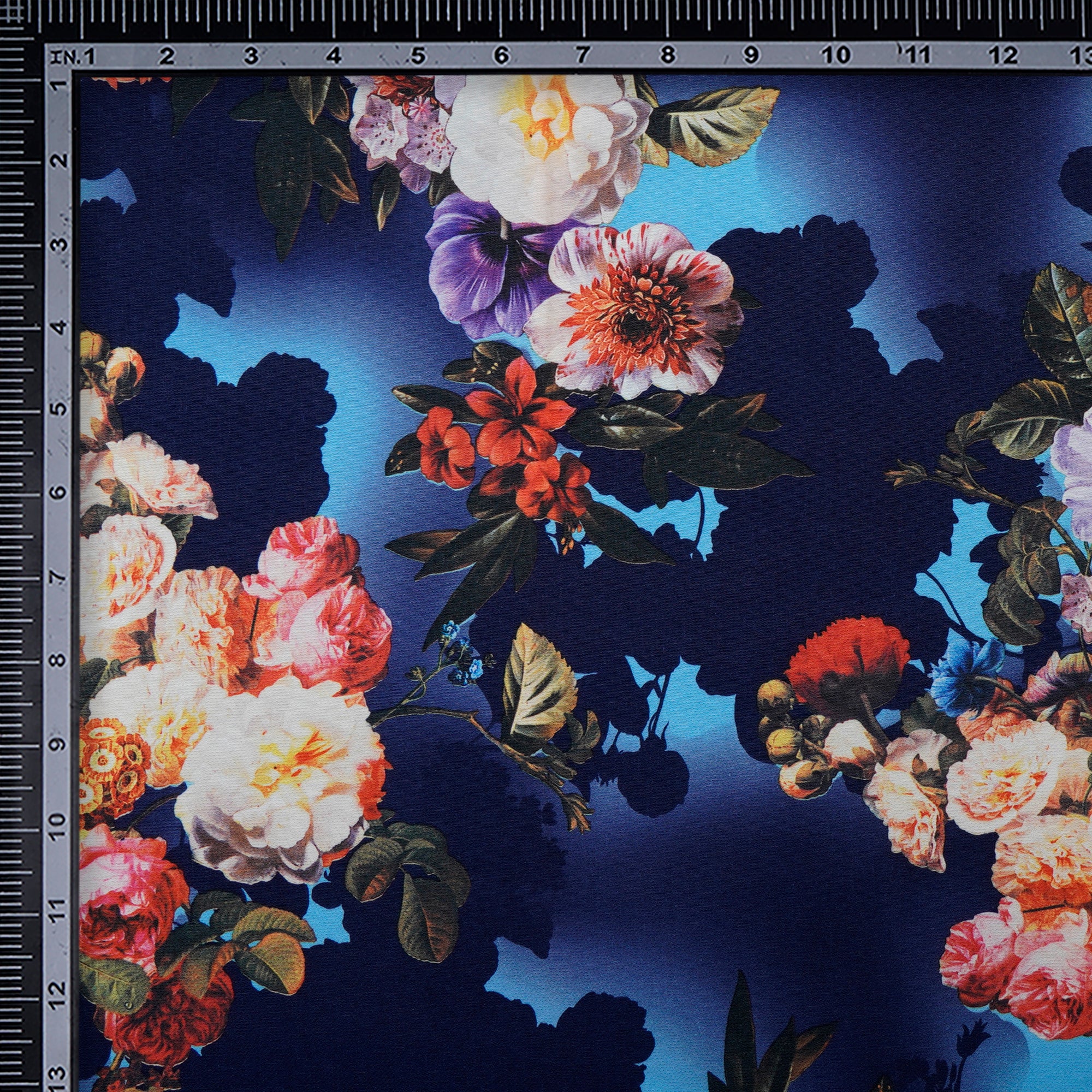 Dark Blue Floral Pattern Imported Digital Printed Banana Crepe Fabric (60" Width)