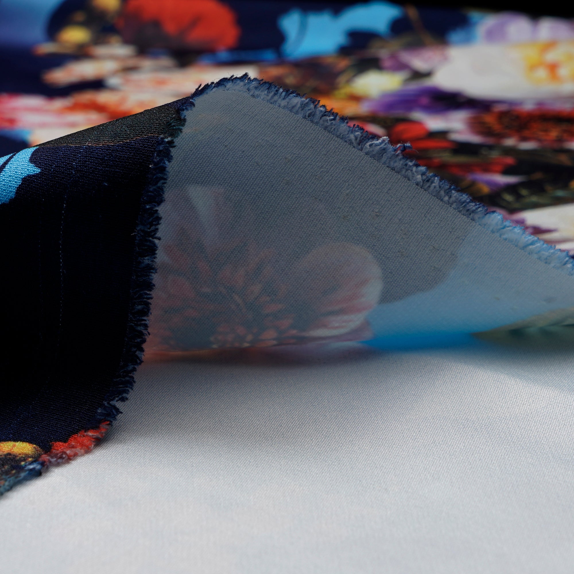 Dark Blue Floral Pattern Imported Digital Printed Banana Crepe Fabric (60" Width)
