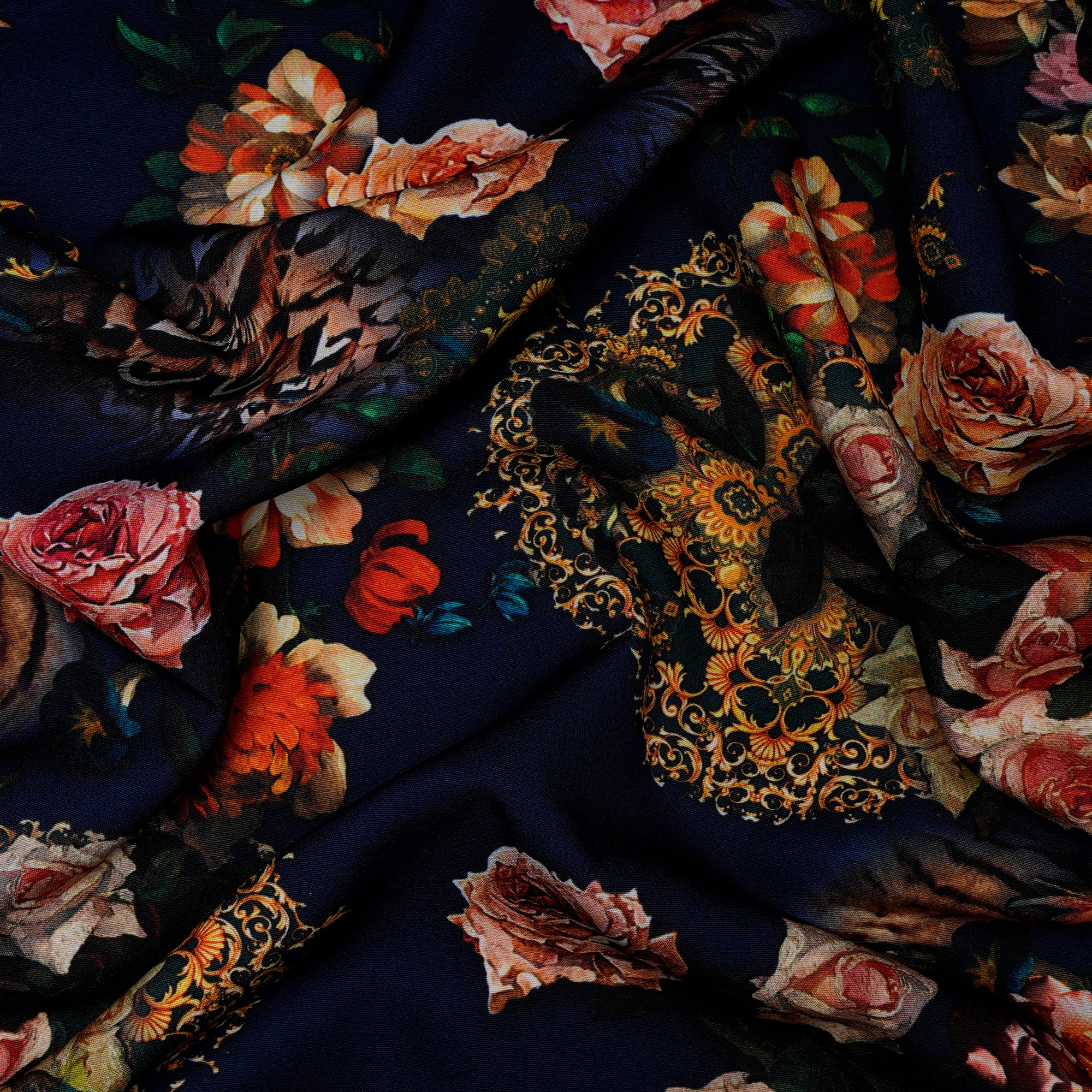Deep Blue Floral Pattern Imported Digital Printed Banana Crepe Fabric (60" Width)