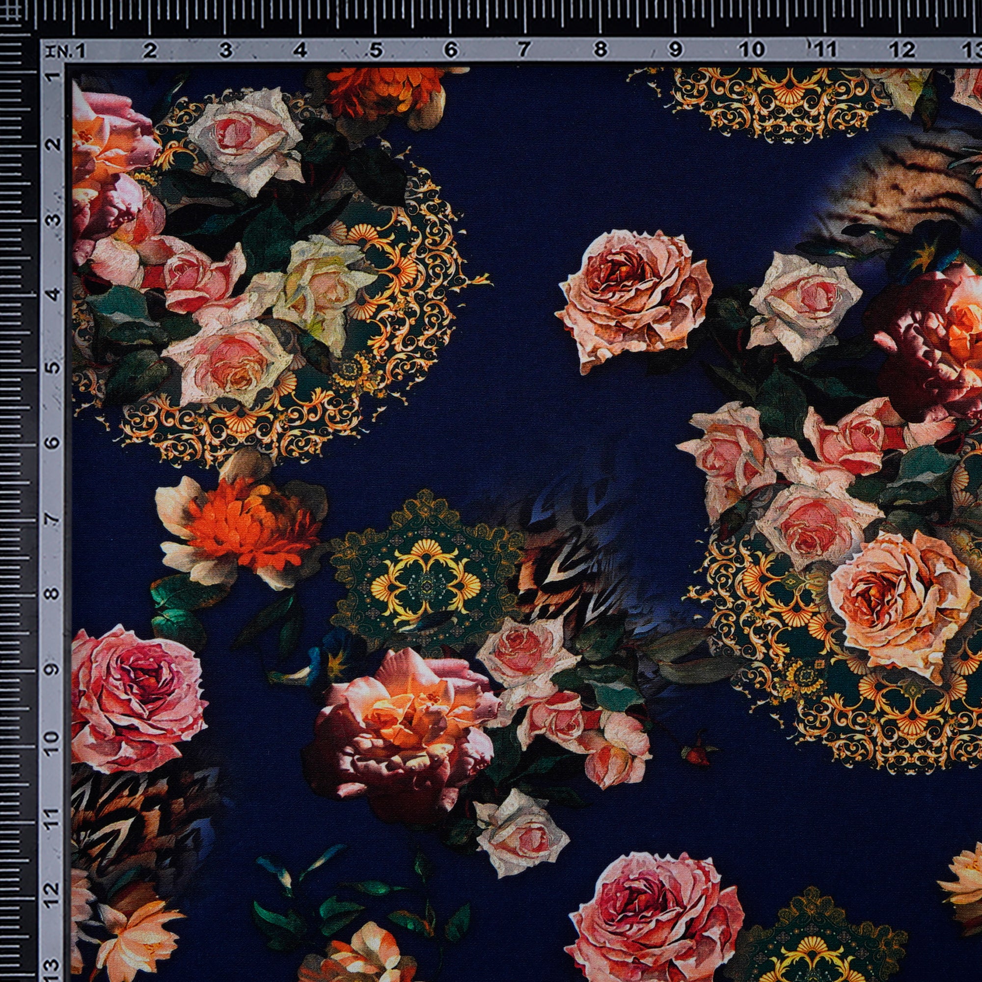 Deep Blue Floral Pattern Imported Digital Printed Banana Crepe Fabric (60" Width)