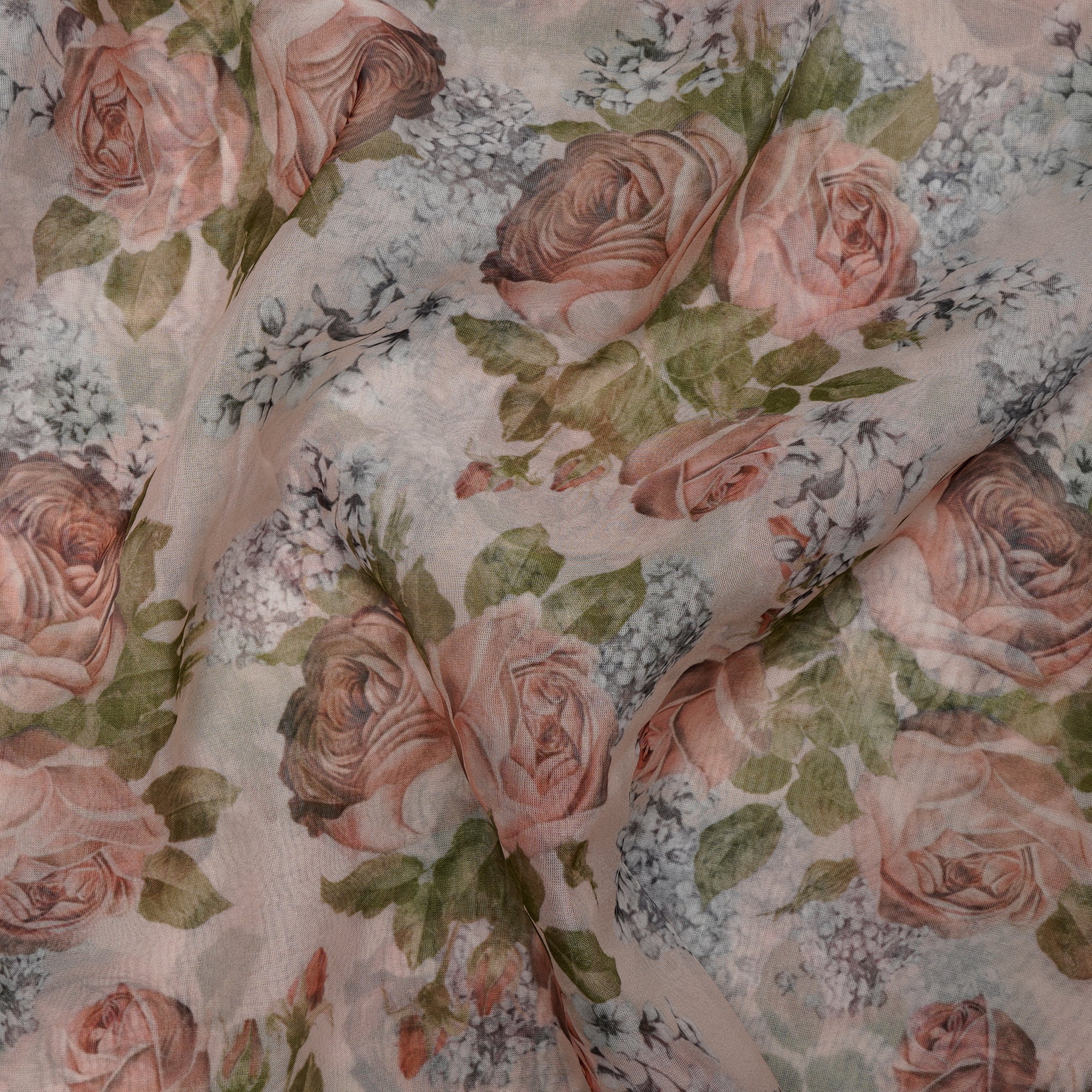 Beige Floral Pattern Digital Print Imported Poly Organza Fabric (44" Width)