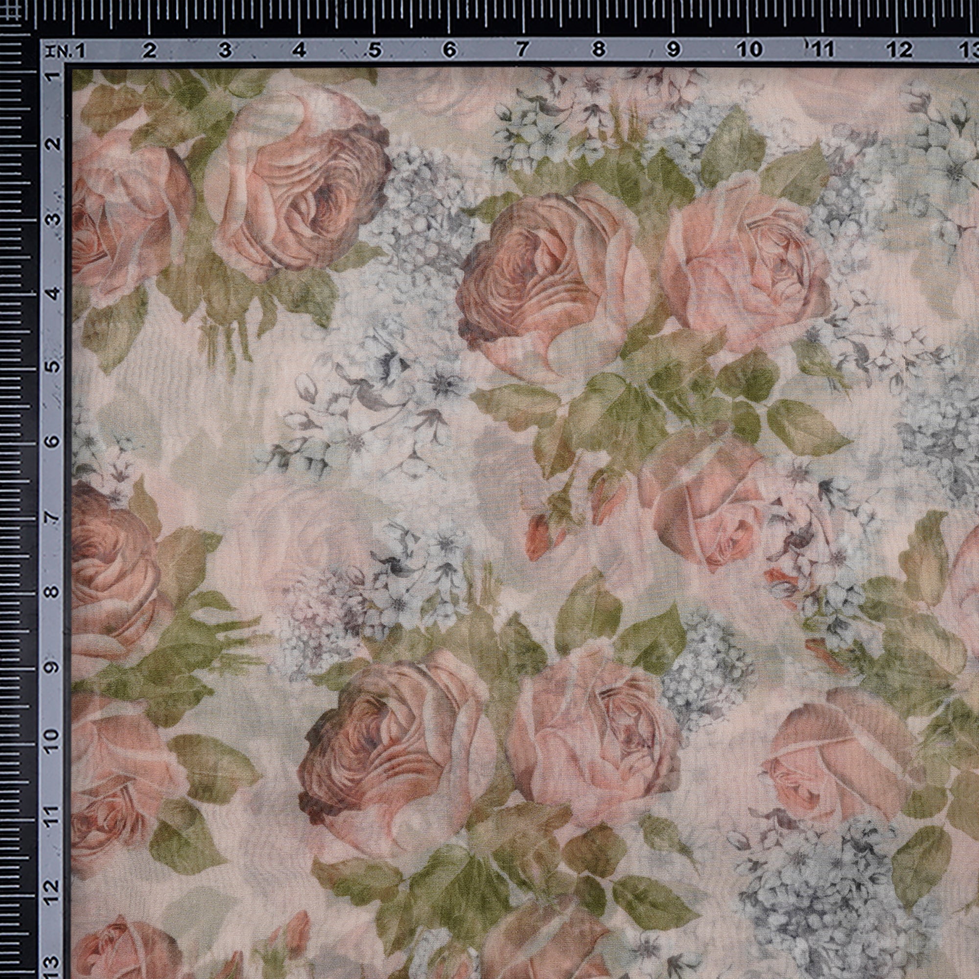 Beige Floral Pattern Digital Print Imported Poly Organza Fabric (44" Width)