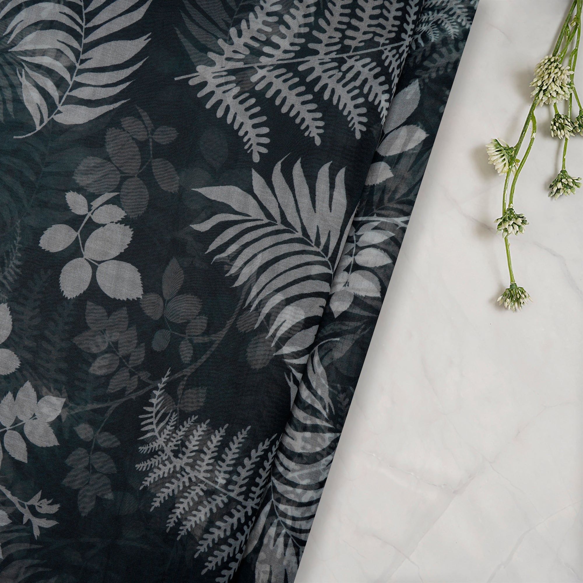 Grey-White Leaf Pattern Digital Print Imported Poly Organza Fabric (44" Width)