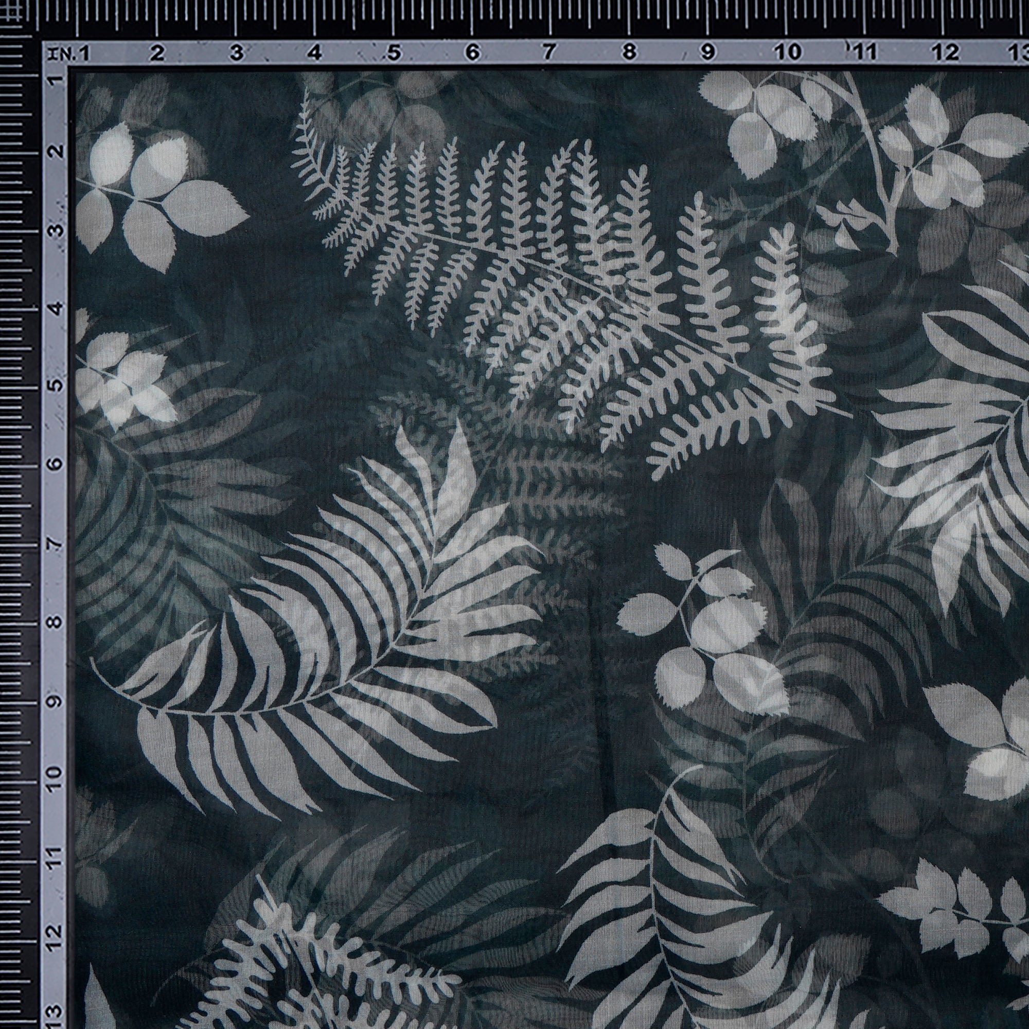 Grey-White Leaf Pattern Digital Print Imported Poly Organza Fabric (44" Width)