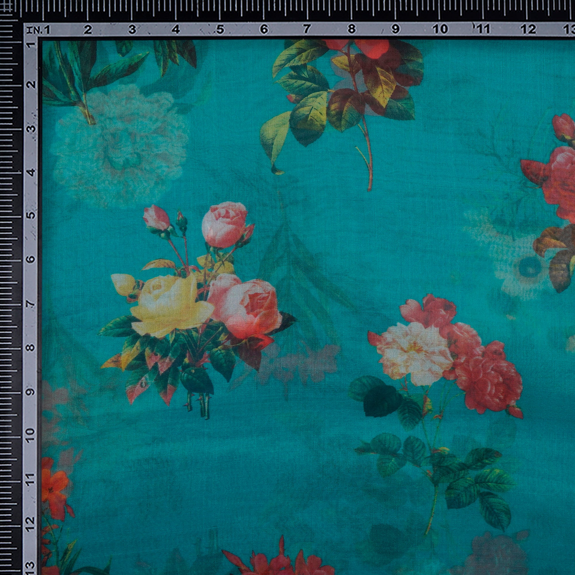 Green Floral Pattern Digital Print Imported Poly Organza Fabric (44" Width)