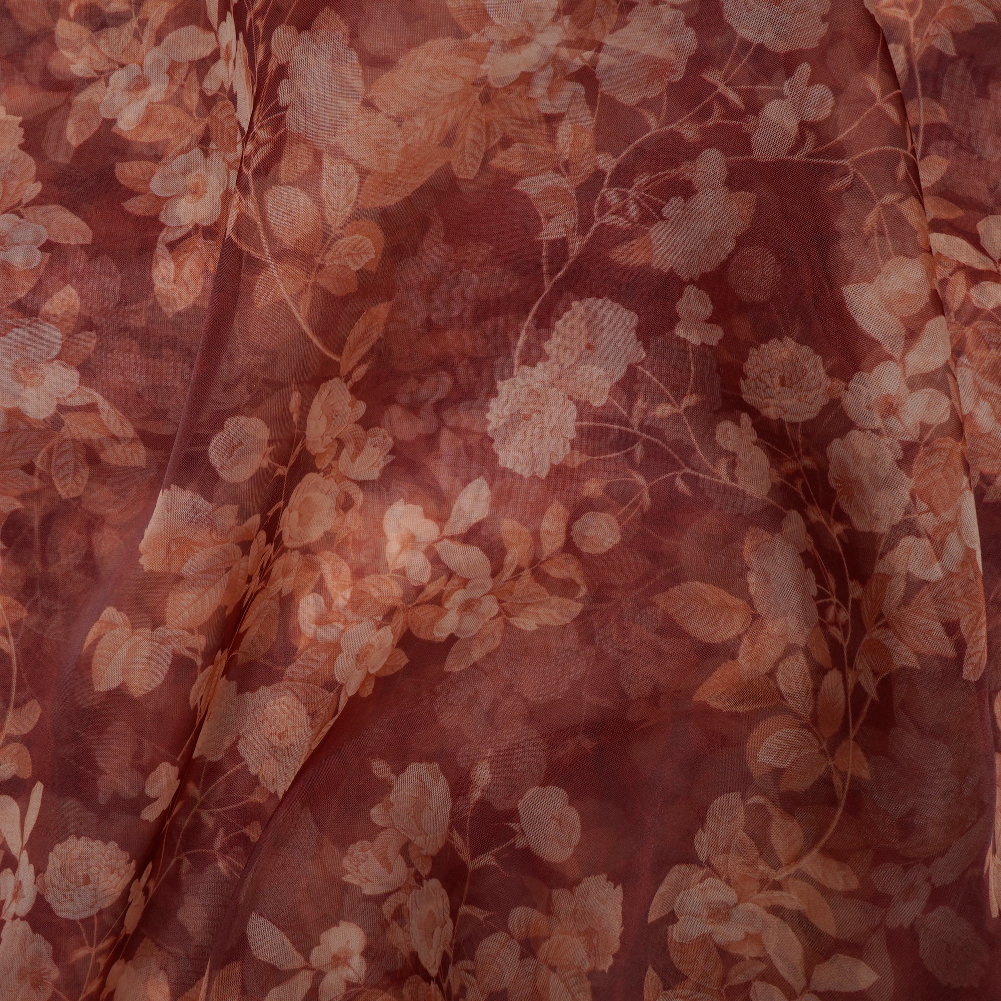 Maroon Floral Pattern Digital Print Imported Poly Organza Fabric (44" Width)