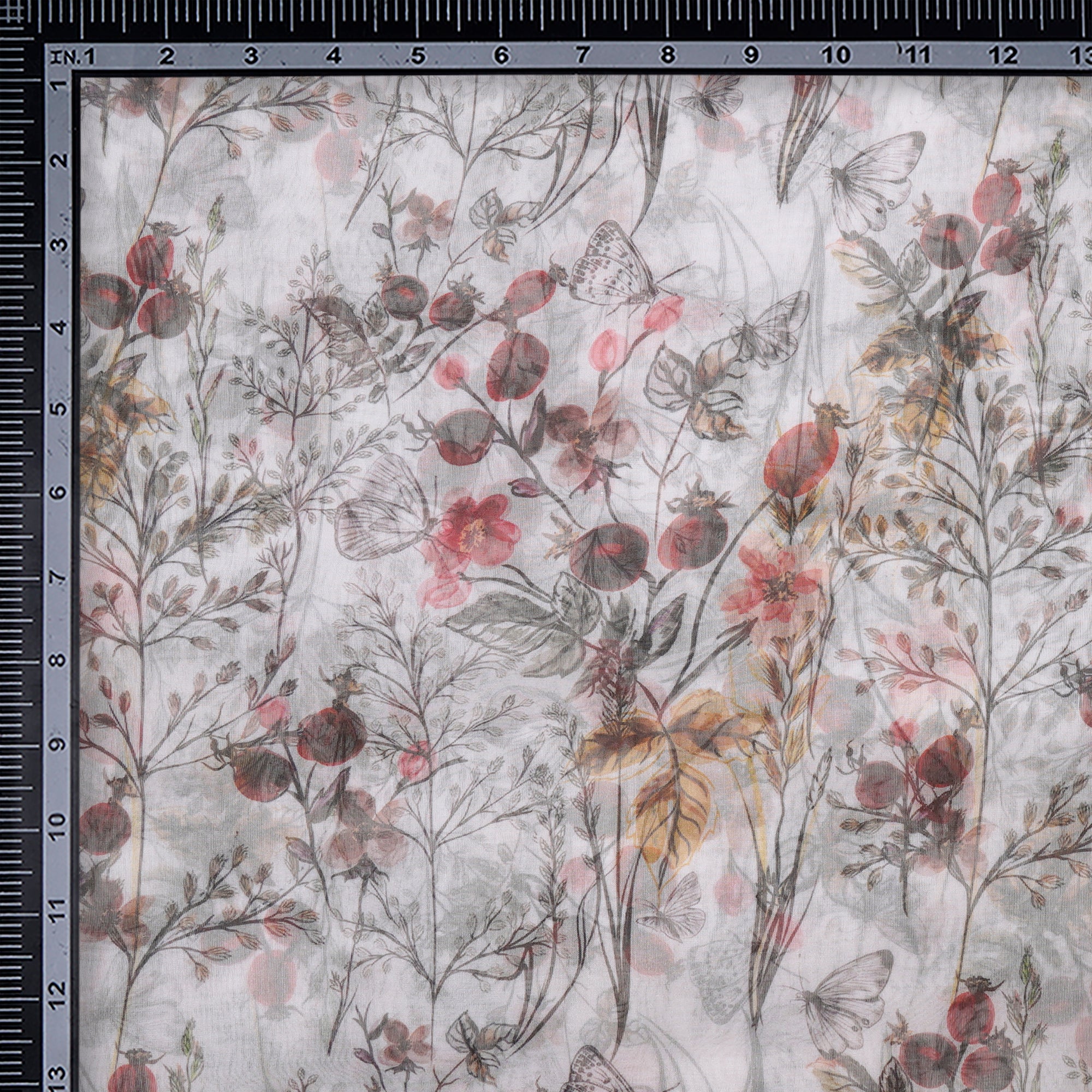 White Floral Pattern Digital Print Imported Poly Organza Fabric (44" Width)