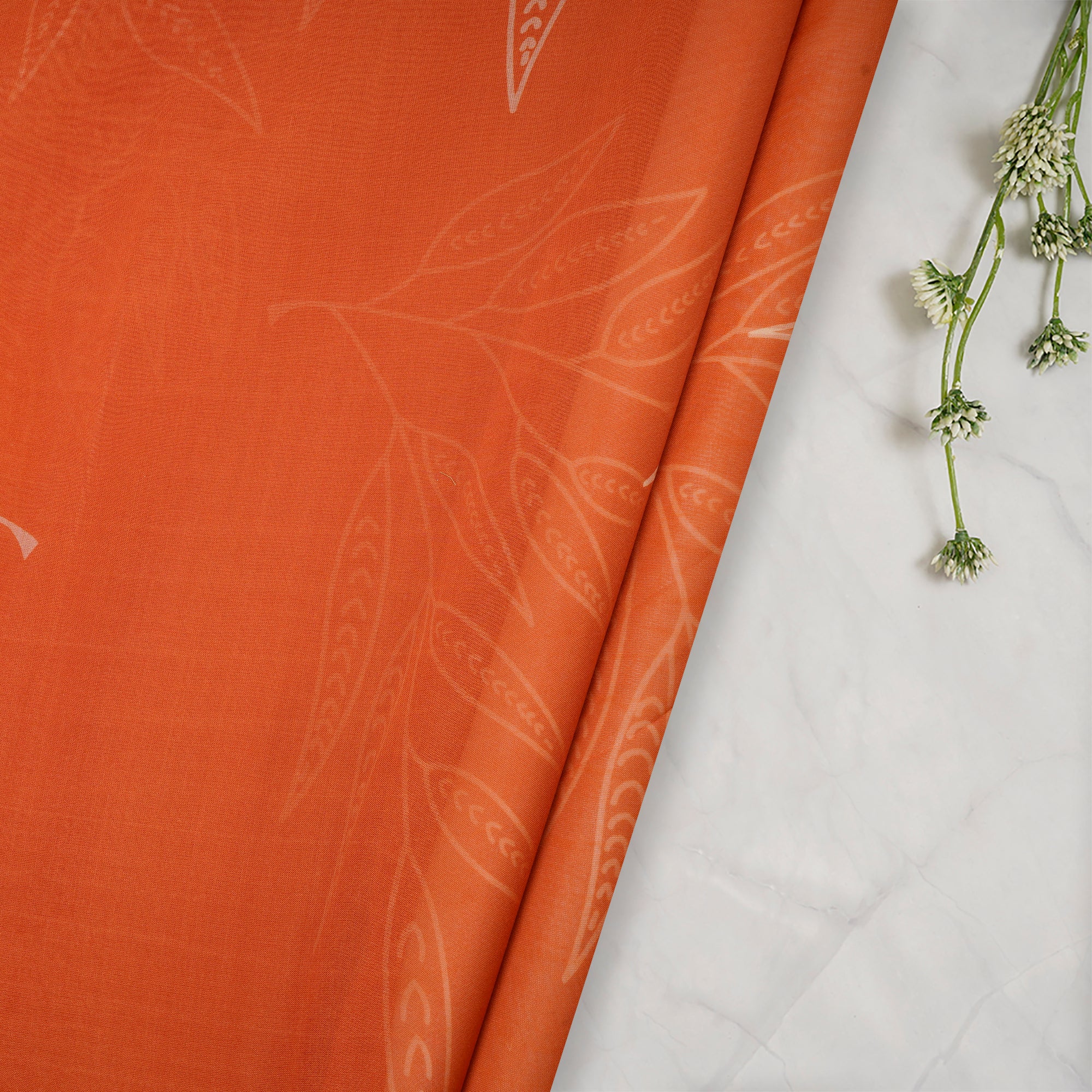 Orange Leaf Pattern Digital Print Imported Poly Organza Fabric (44" Width)