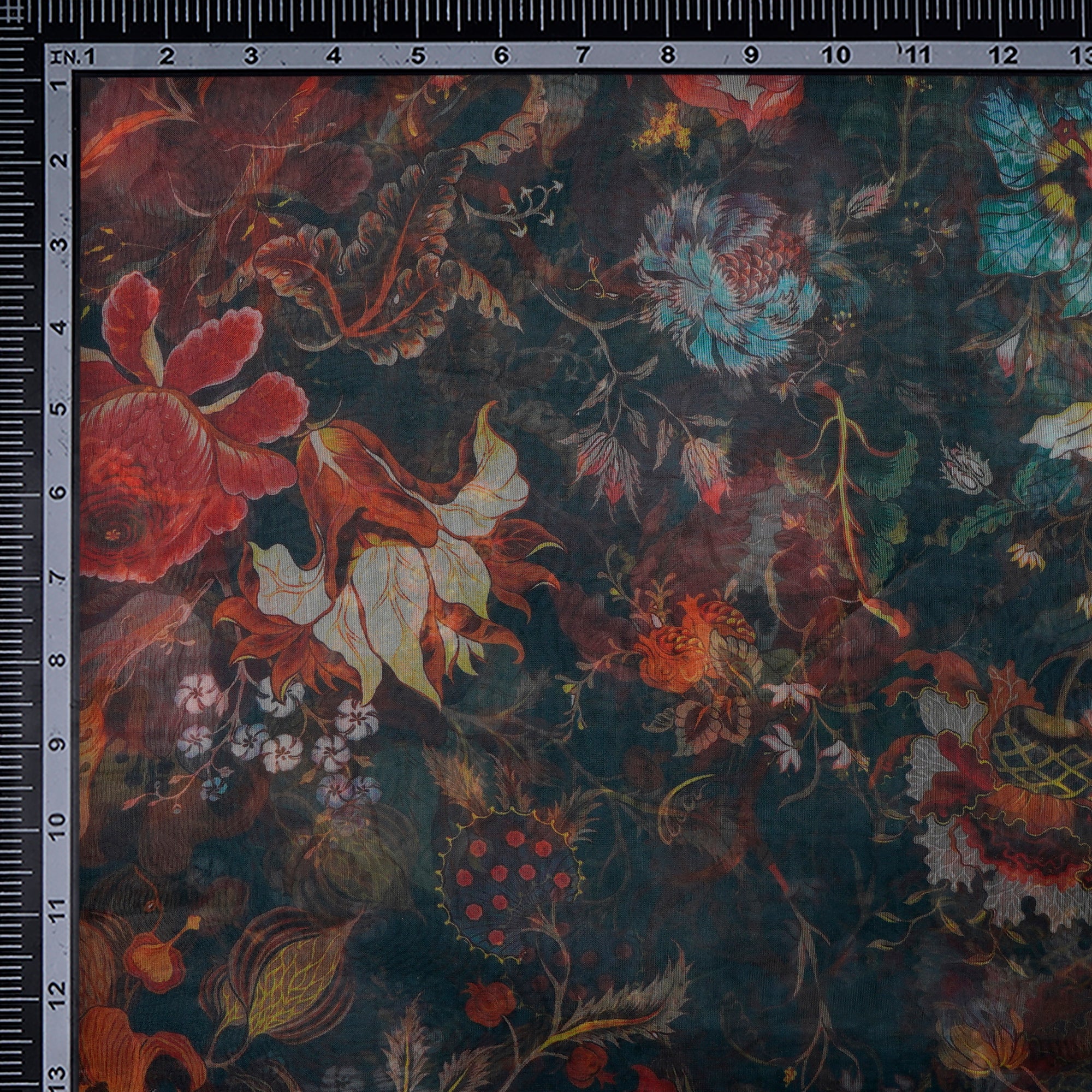 Dark Green Floral Pattern Digital Print Imported Poly Organza Fabric (44" Width)
