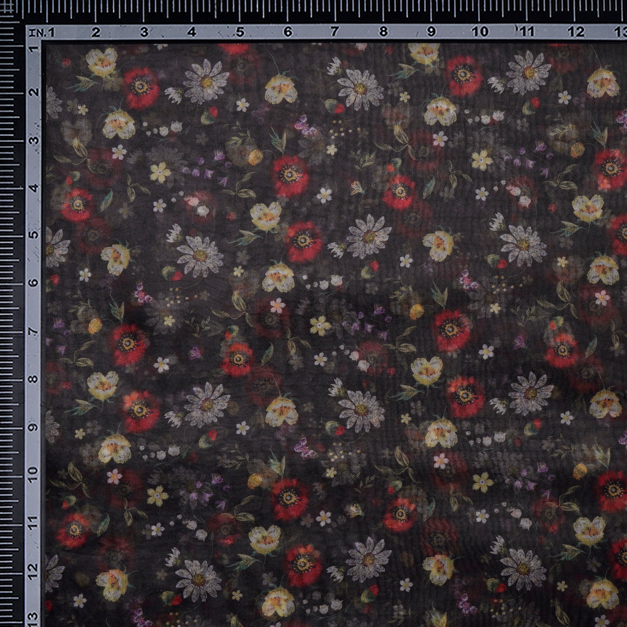 Black Floral Pattern Digital Print Imported Poly Organza Fabric (44" Width)