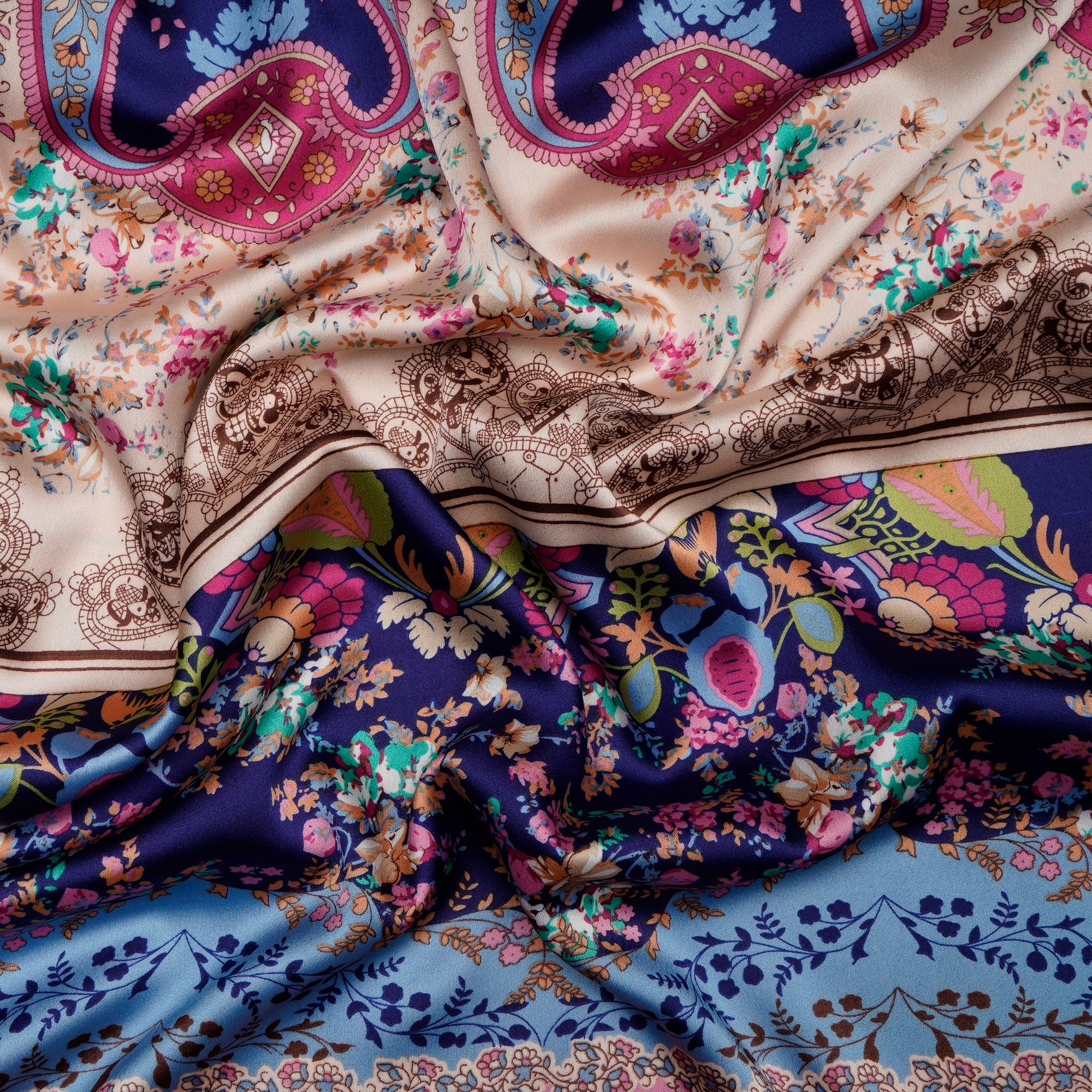 Multi Color Traditional Pattern Digital Print Imported Armani Satin Fabric (60" Width)