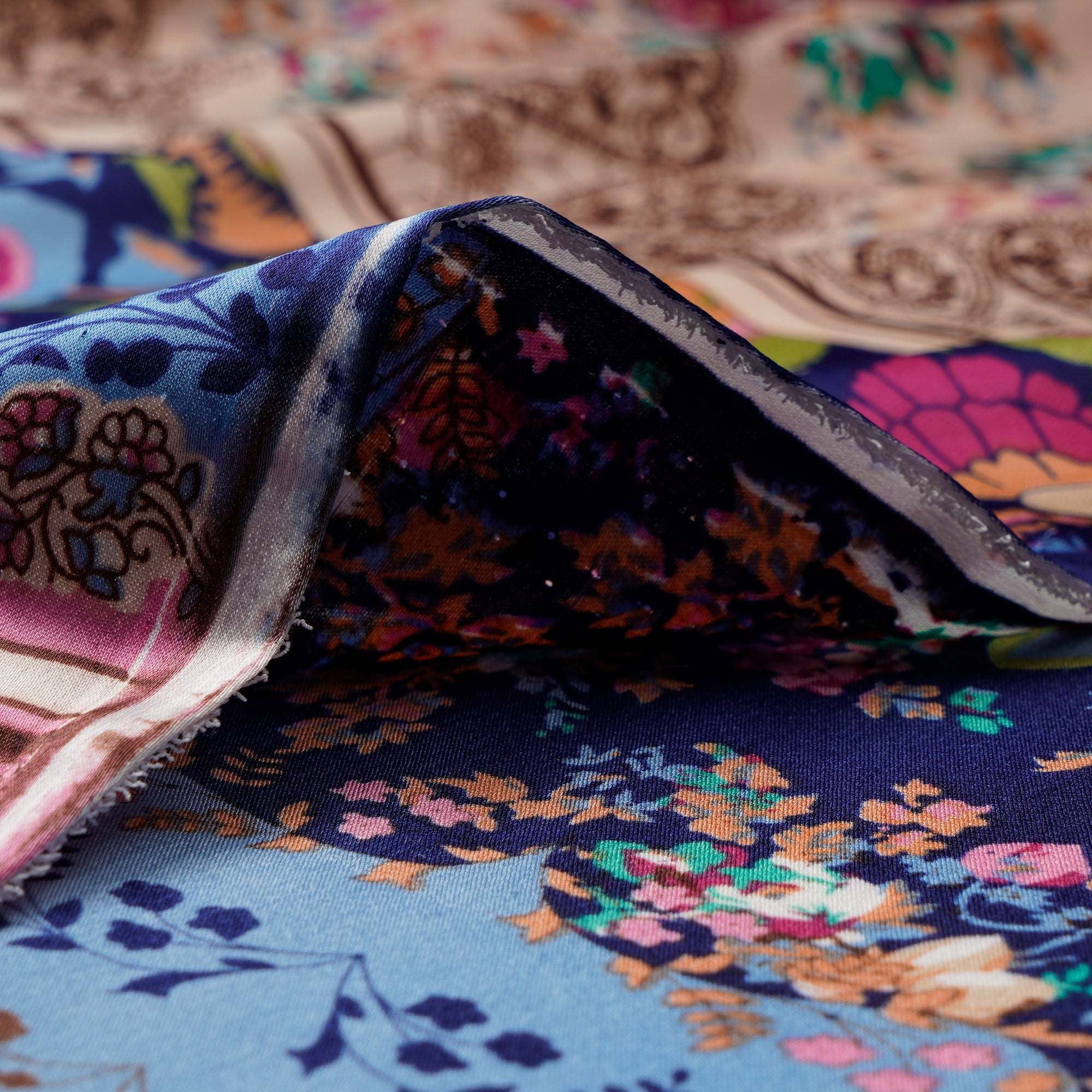 Multi Color Traditional Pattern Digital Print Imported Armani Satin Fabric (60" Width)