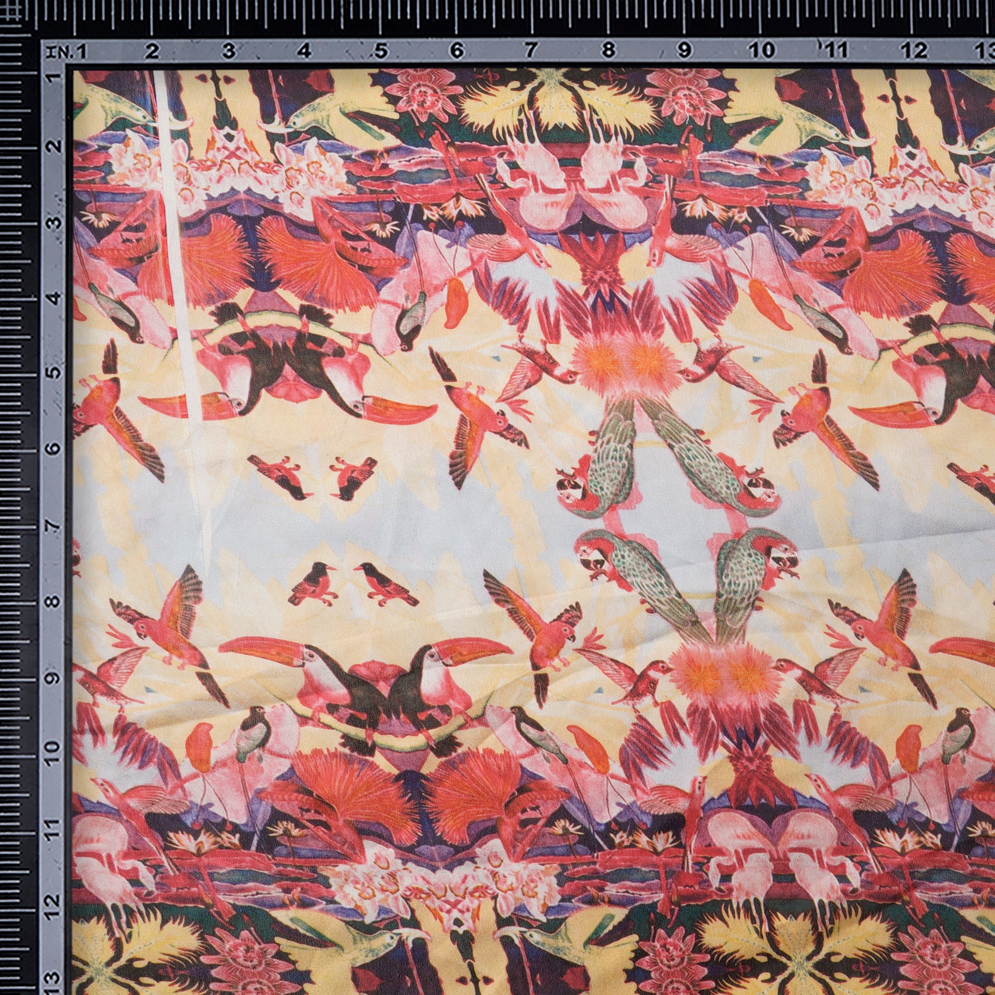 Yellow-Red Floral Pattern Digital Print Imported Armani Satin Fabric (60" Width)