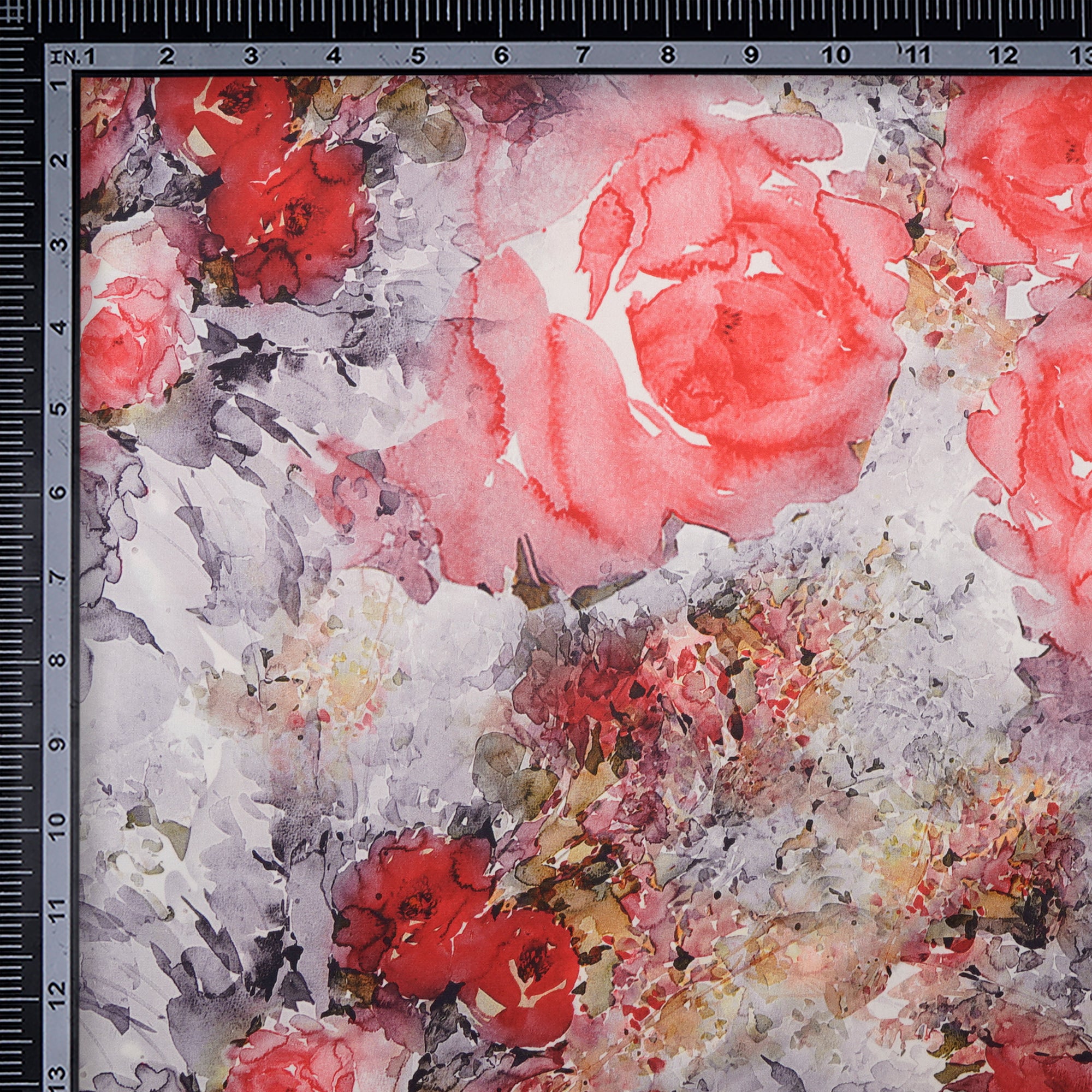 Off White-Red Floral Pattern Digital Print Imported Armani Satin Fabric (60" Width)