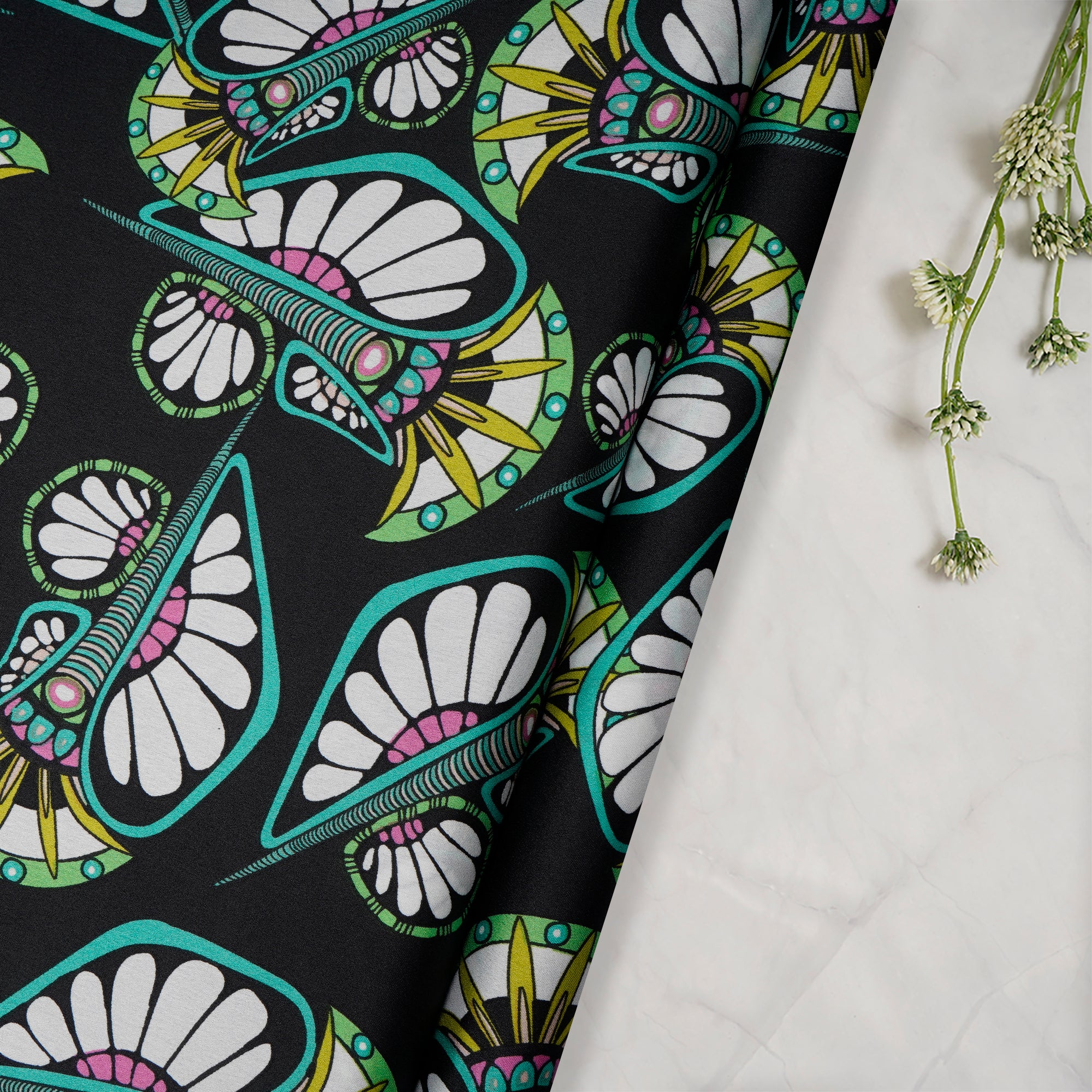 Black-Green Traditional Pattern Digital Print Imported Armani Satin Fabric (60" Width)
