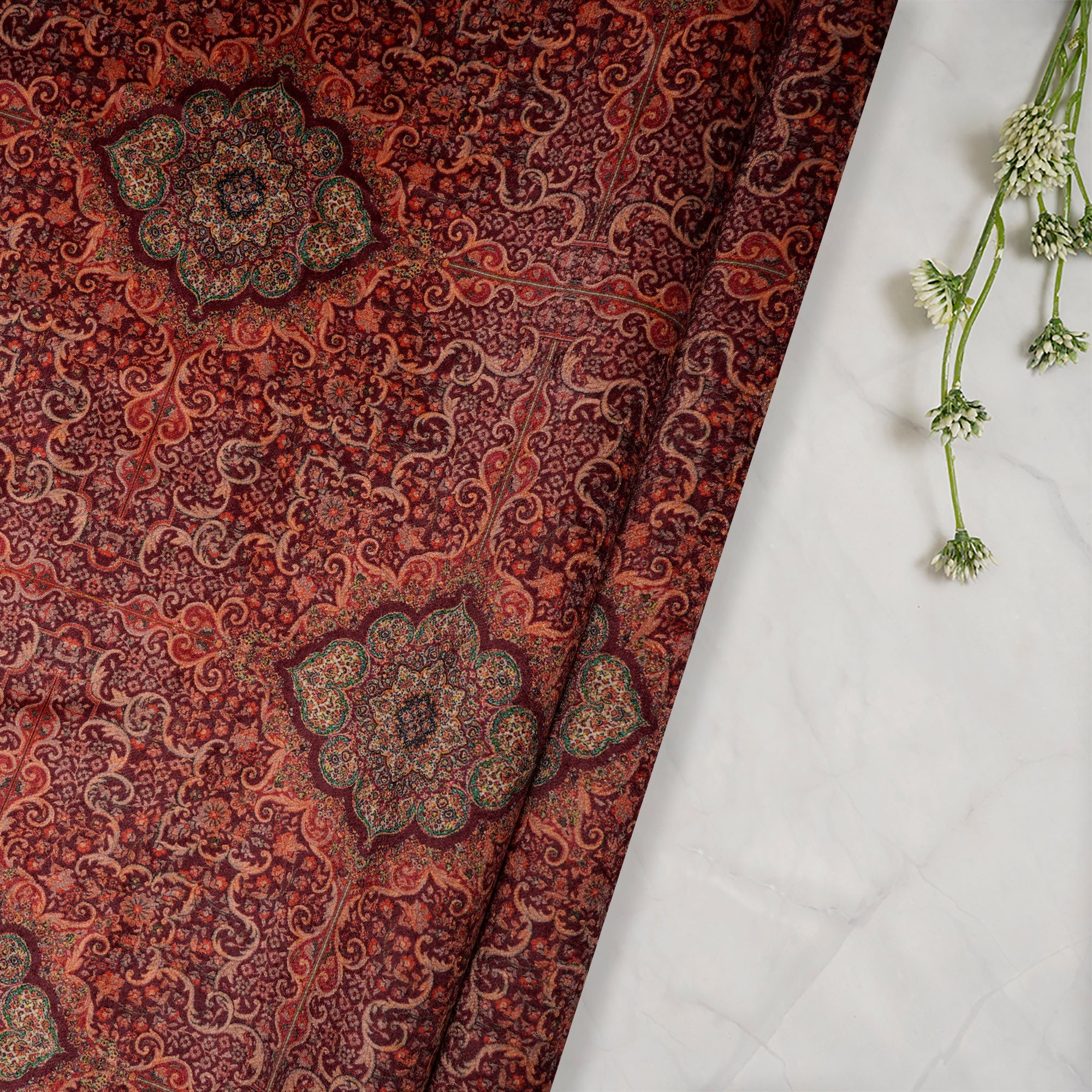 Merlot Traditional Pattern Digital Print Imported Polyester Velvet Fabric (44" Width)