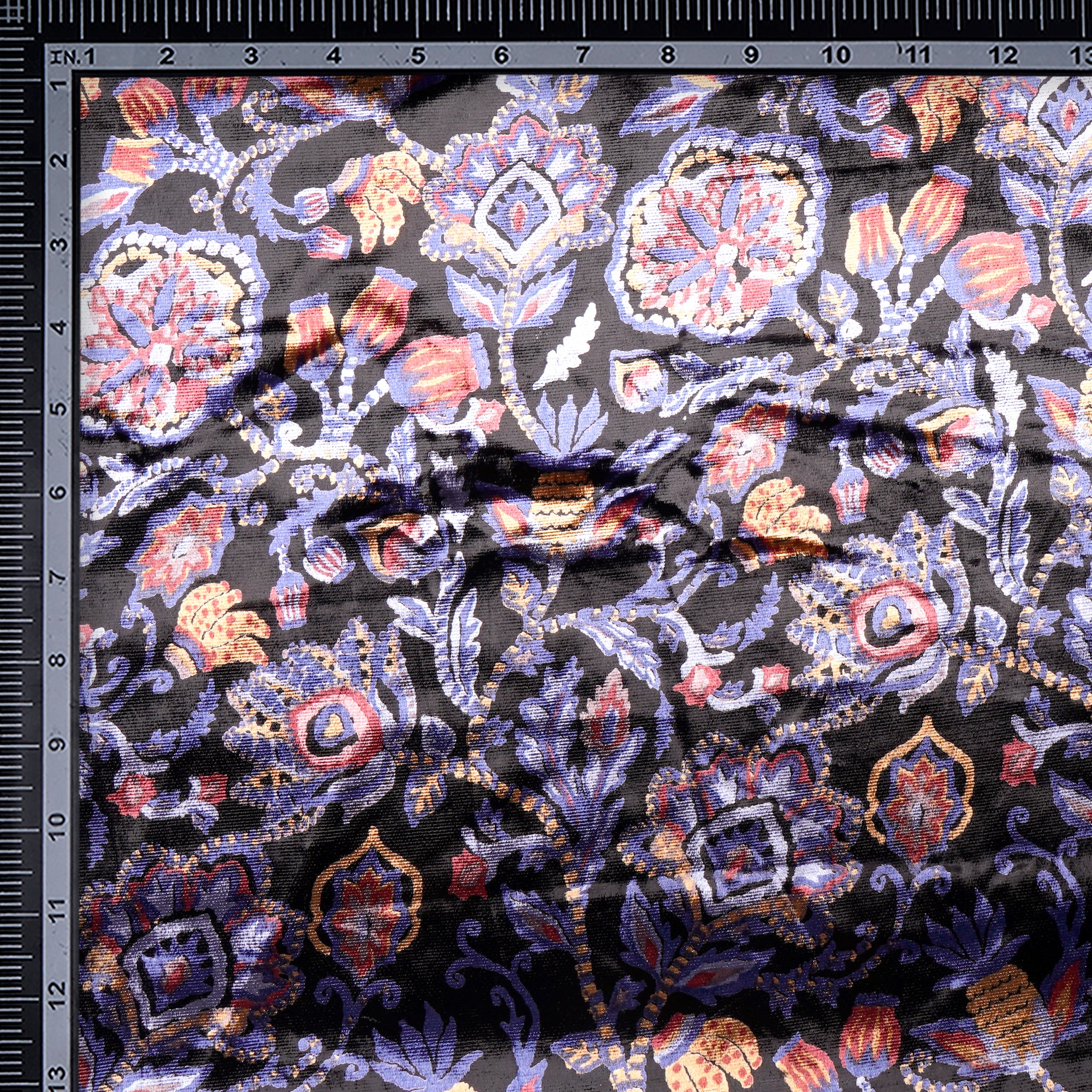 Black Floral Pattern Digital Print Imported Polyester Velvet Fabric (44" Width)