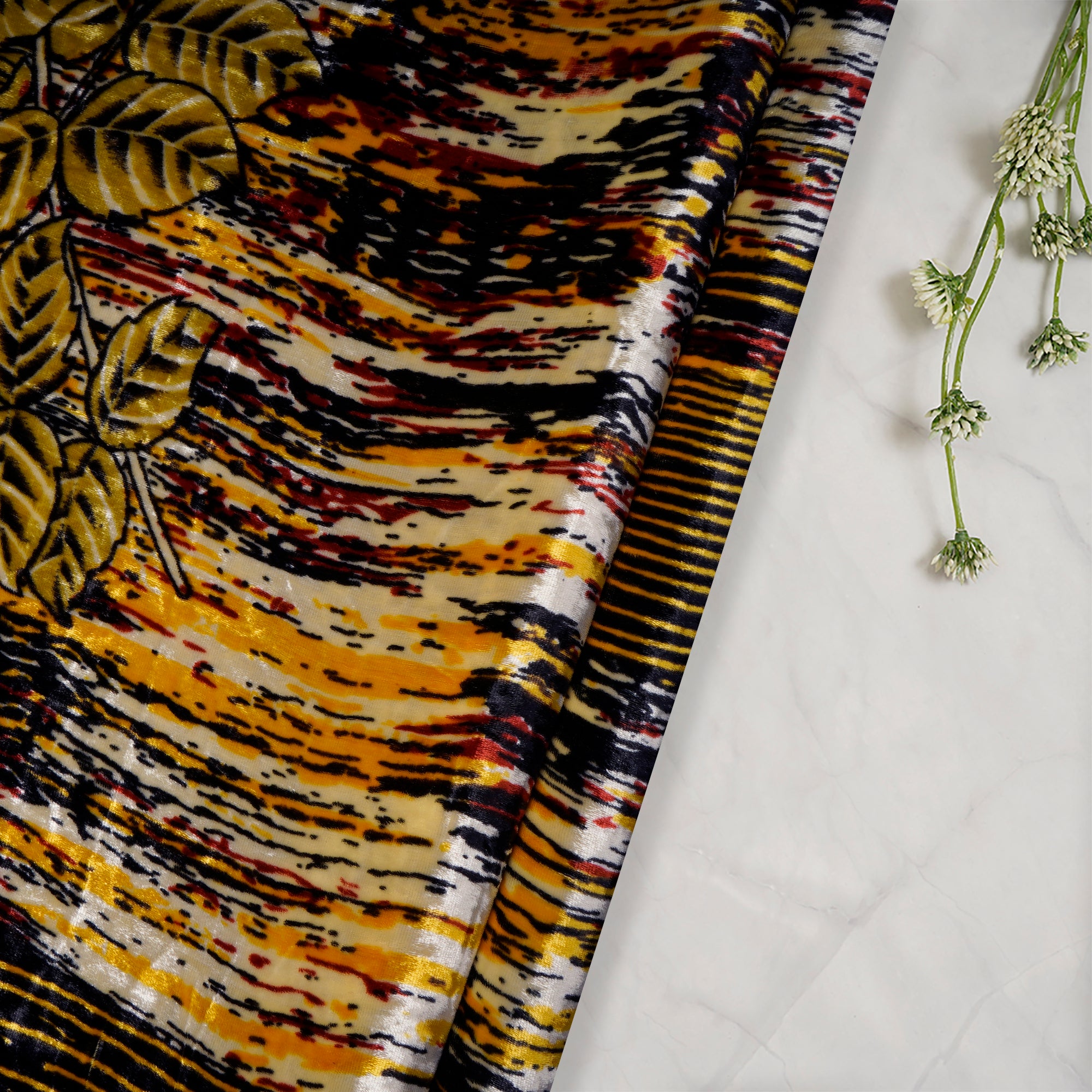 Yellow-Black Floral Pattern Digital Print Imported Silk Velvet Fabric (44" Width)