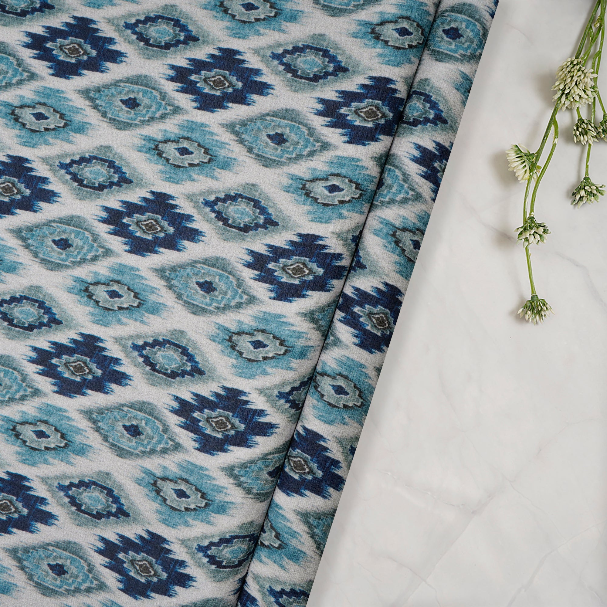 White-Blue Ikat Pattern Digital Print Imported Royal Georgette Fabric (60" Width)