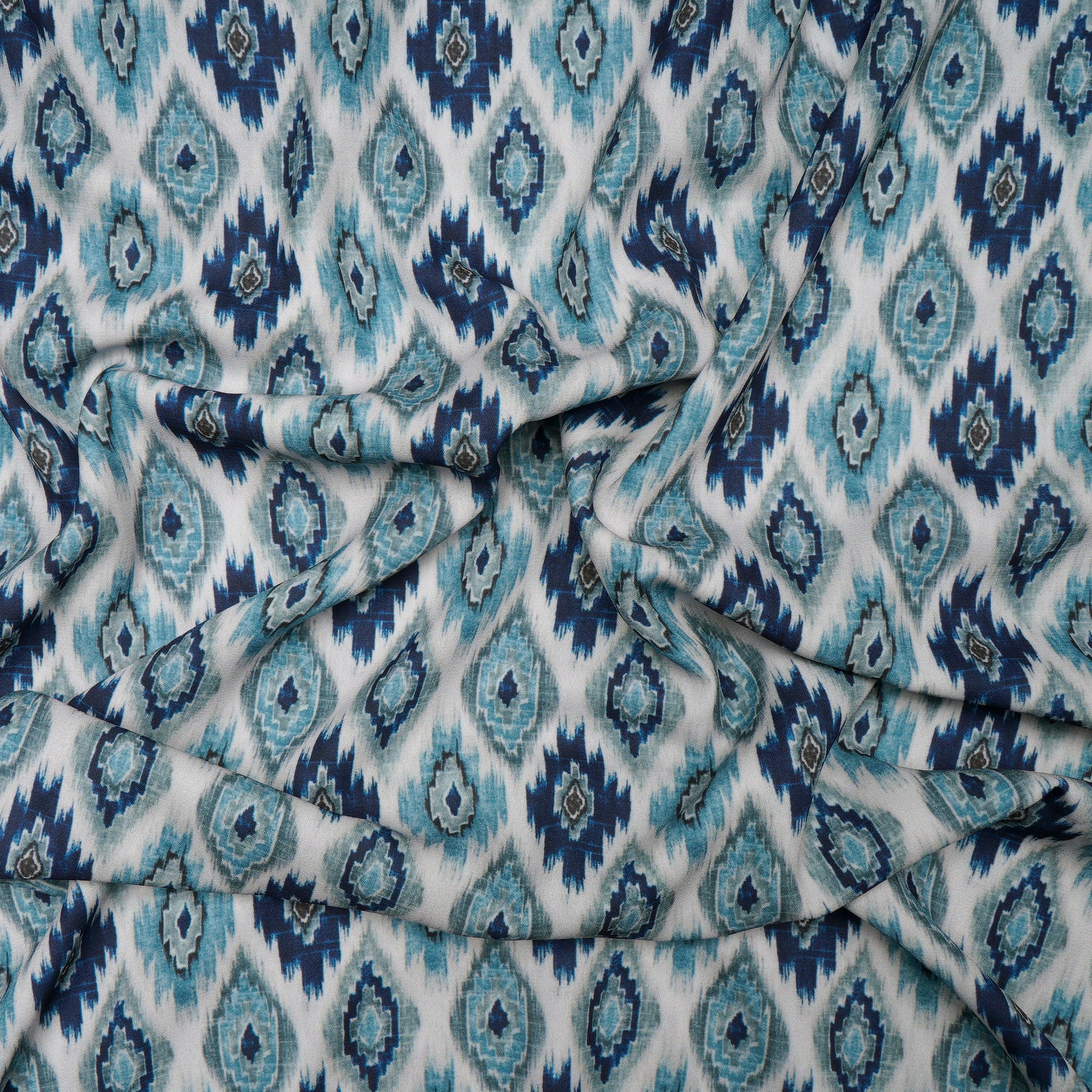White-Blue Ikat Pattern Digital Print Imported Royal Georgette Fabric (60" Width)