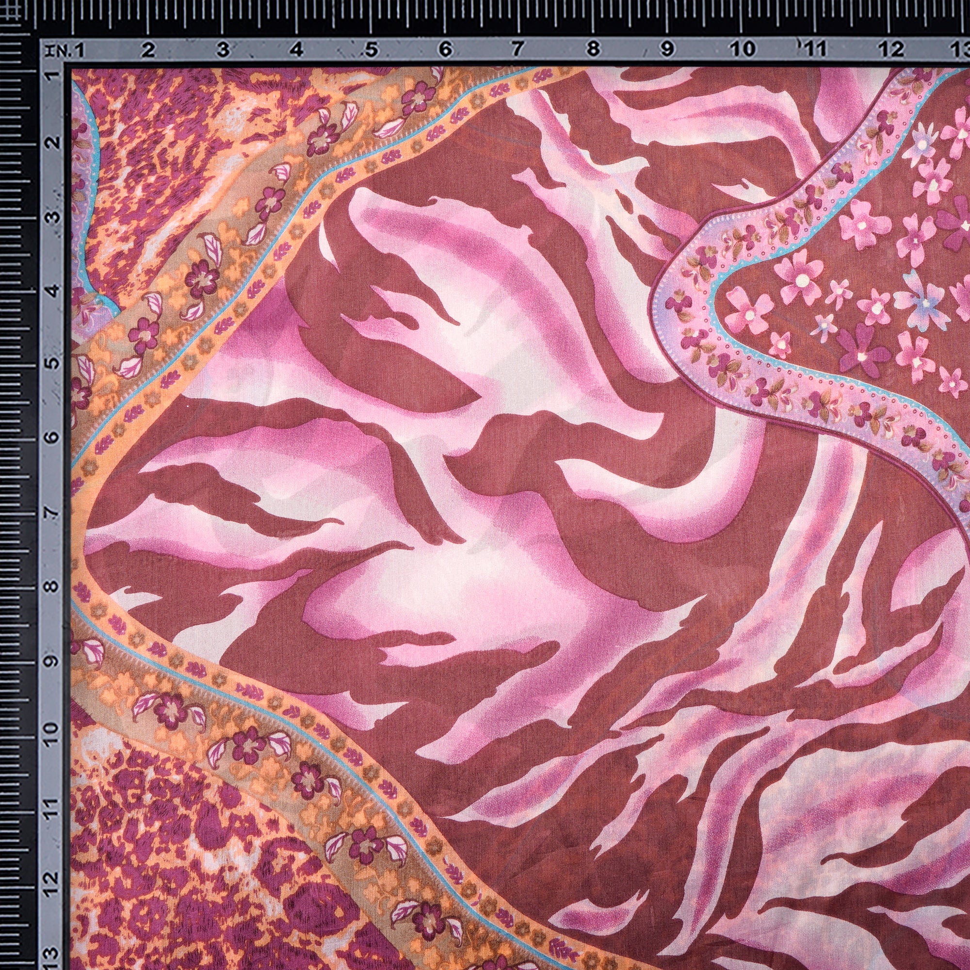 Cream-Pink Floral Pattern Digital Print Imported Habutai Silk Fabric (54" Width)