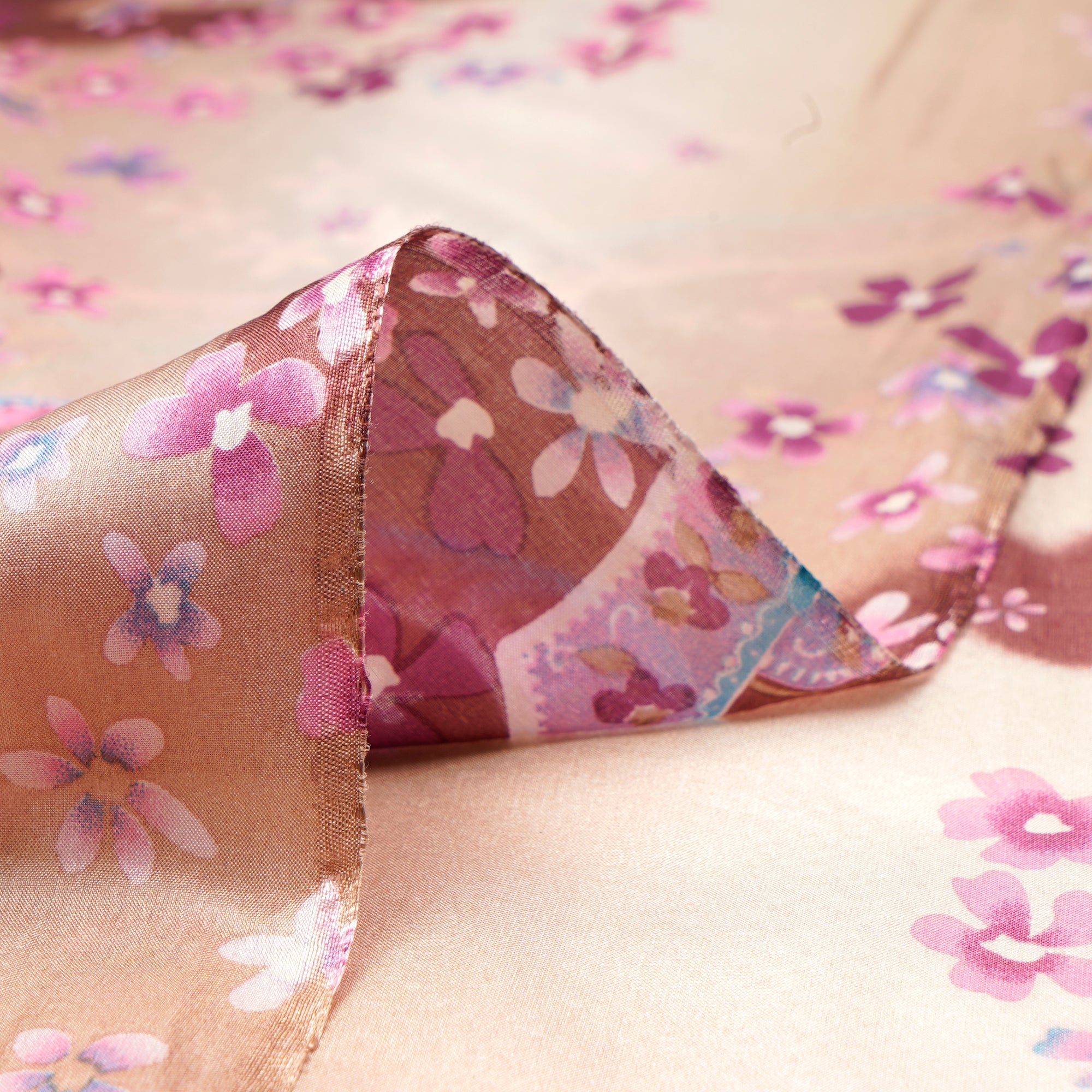 Cream-Pink Floral Pattern Digital Print Imported Habutai Silk Fabric (54" Width)