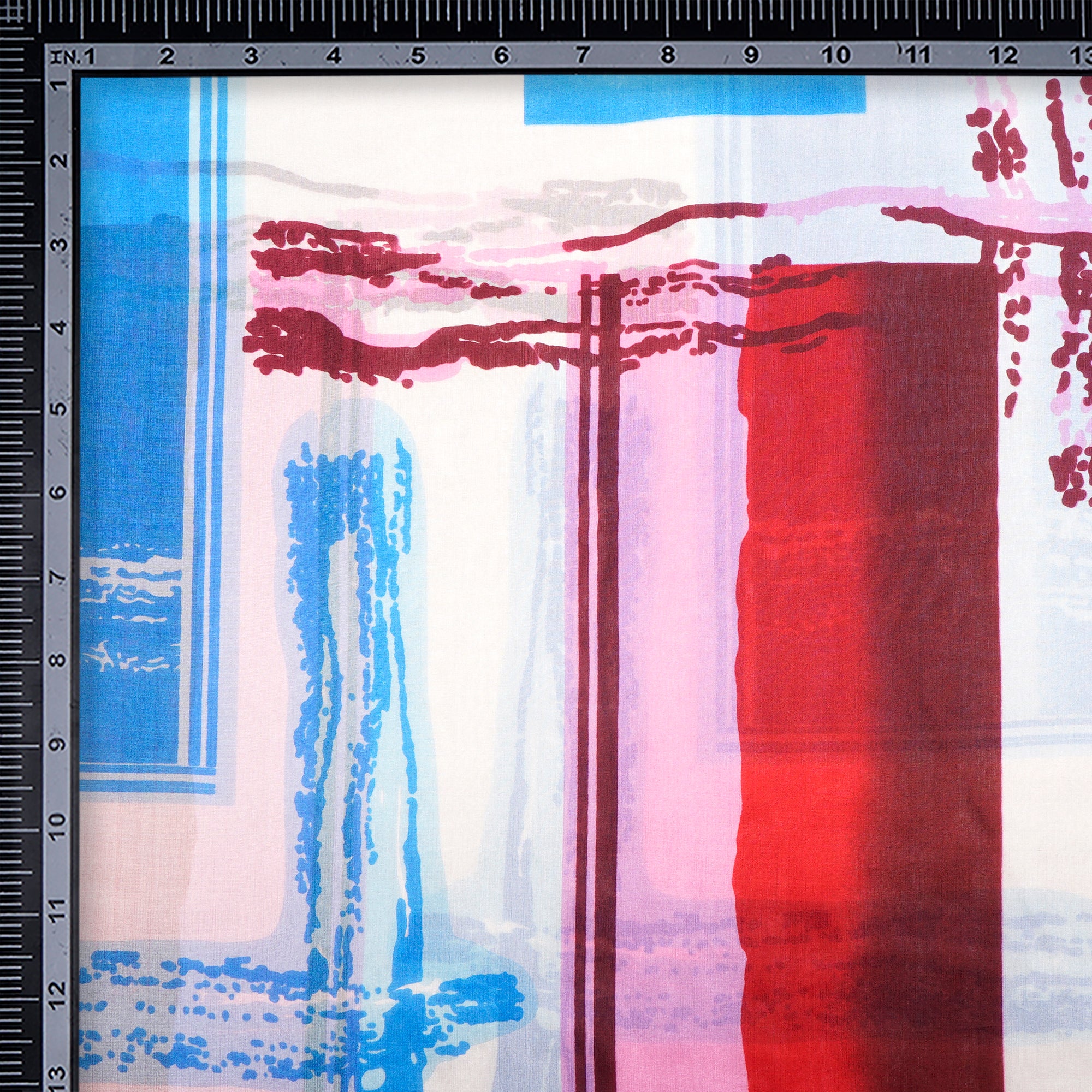 Blue-Pink Abstract Pattern Digital Print Imported Habutai Silk Fabric (54" Width)