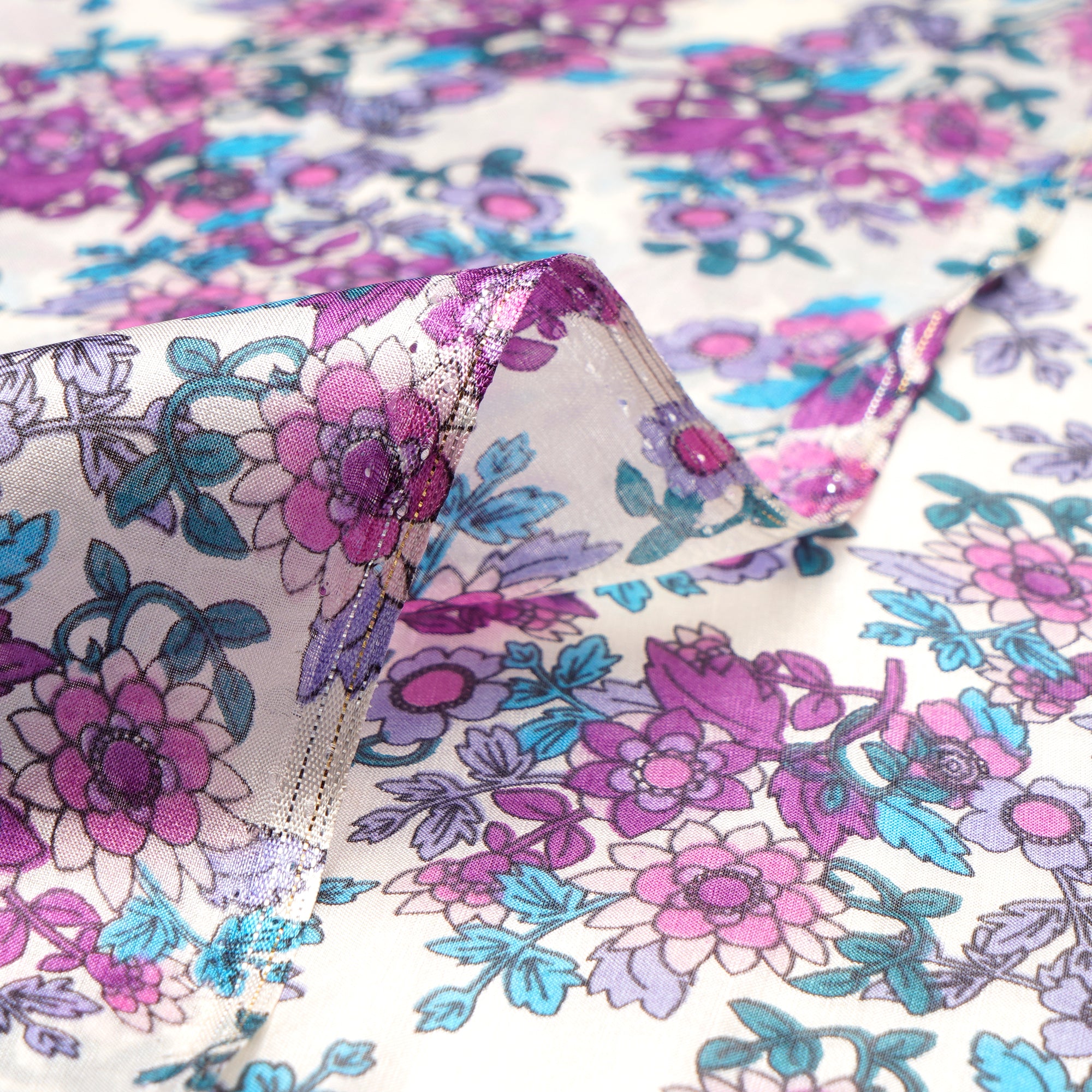 Off White-Purple Floral Pattern Digital Print Imported Habutai Silk Fabric (54" Width)