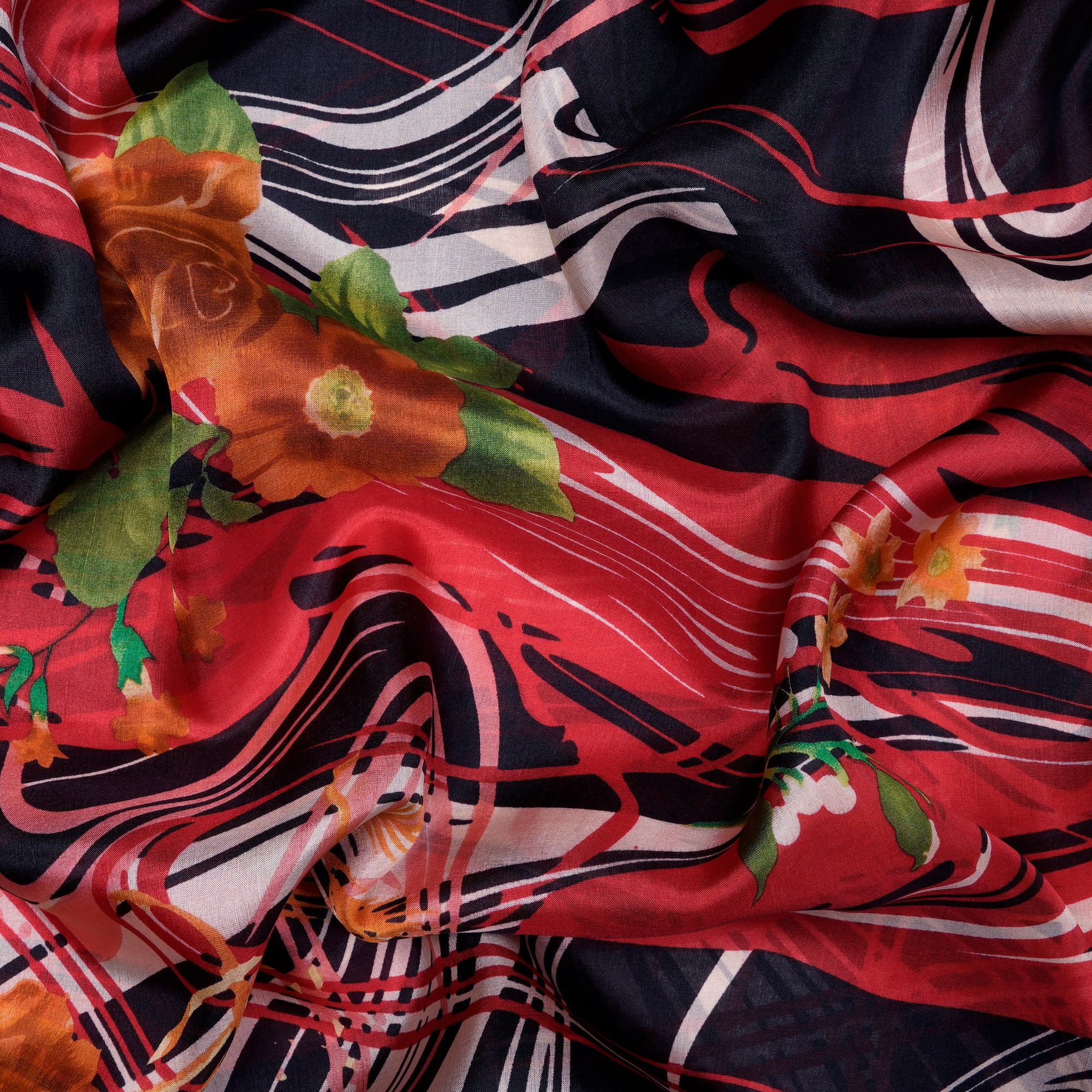 Black-Red Abstract Pattern Digital Print Imported Habutai Silk Fabric (54" Width)