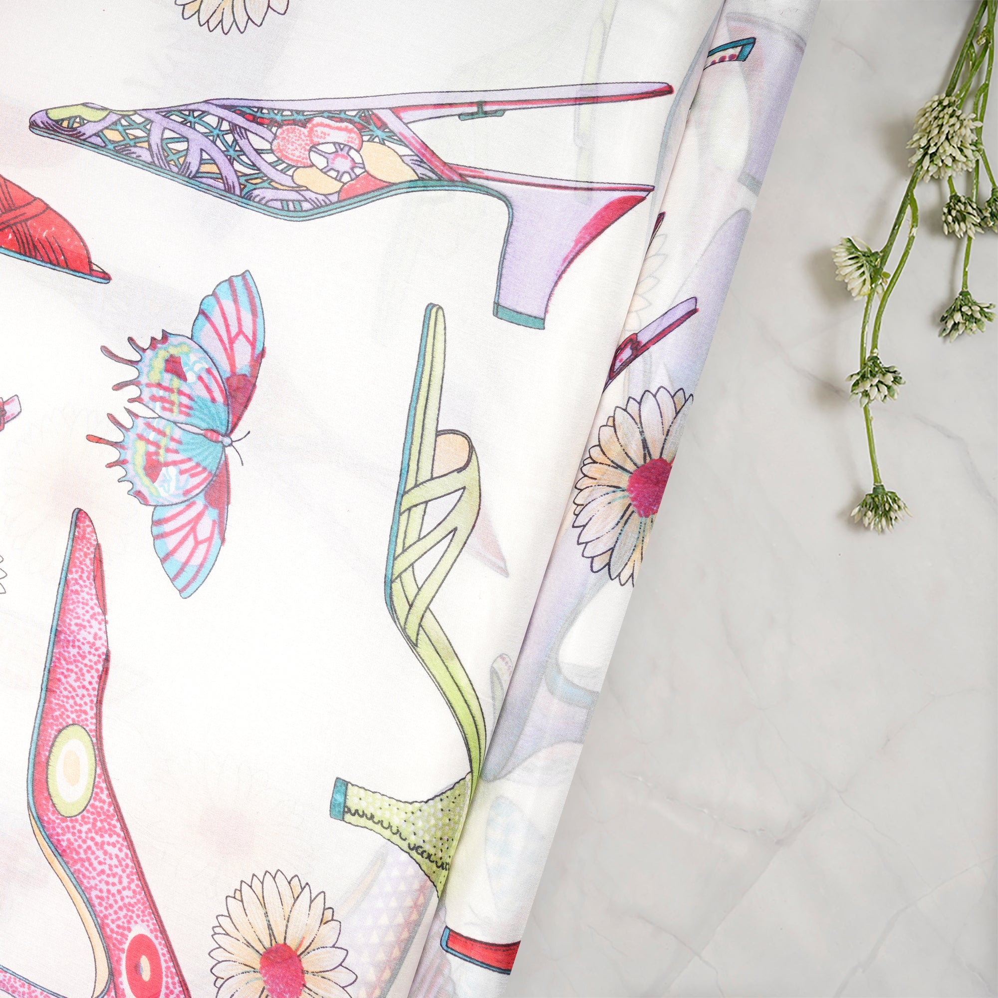 Multi Color Floral Pattern Digital Print Imported Habutai Silk Fabric (54" Width)