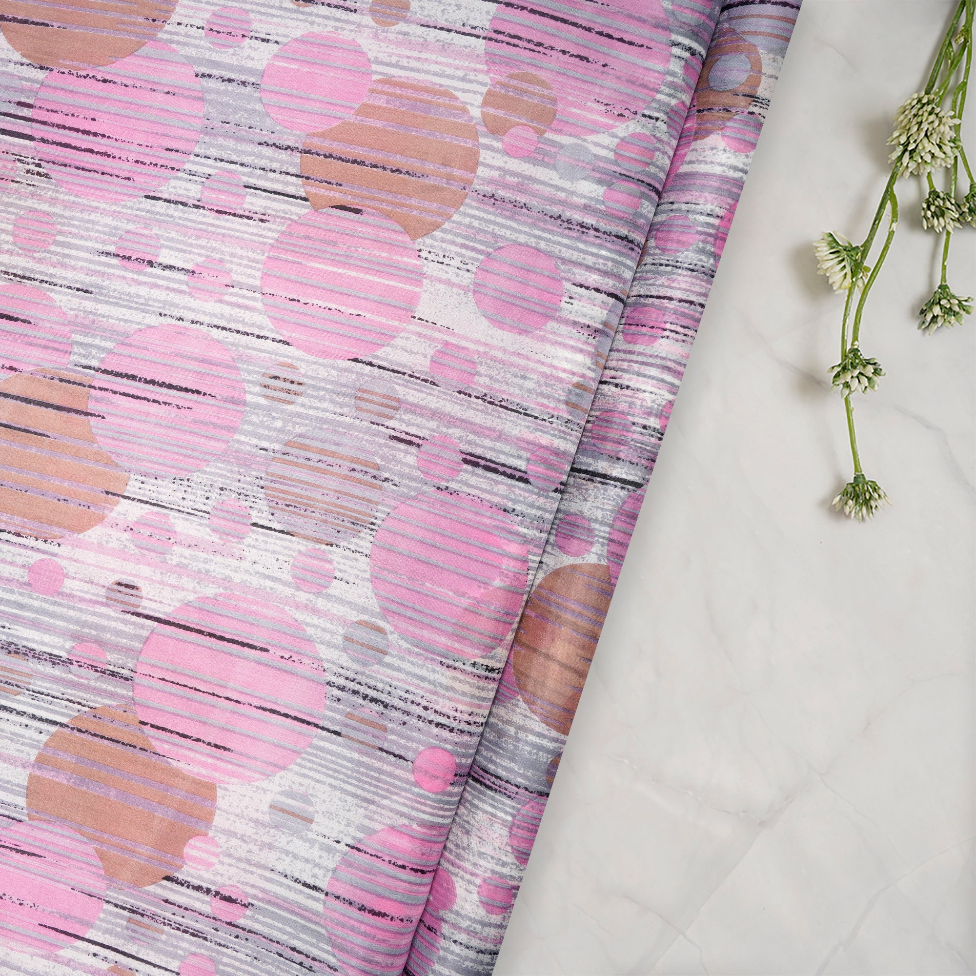 Baby Pink Polka Dot Pattern Digital Print Imported Habutai Silk Fabric (54" Width)