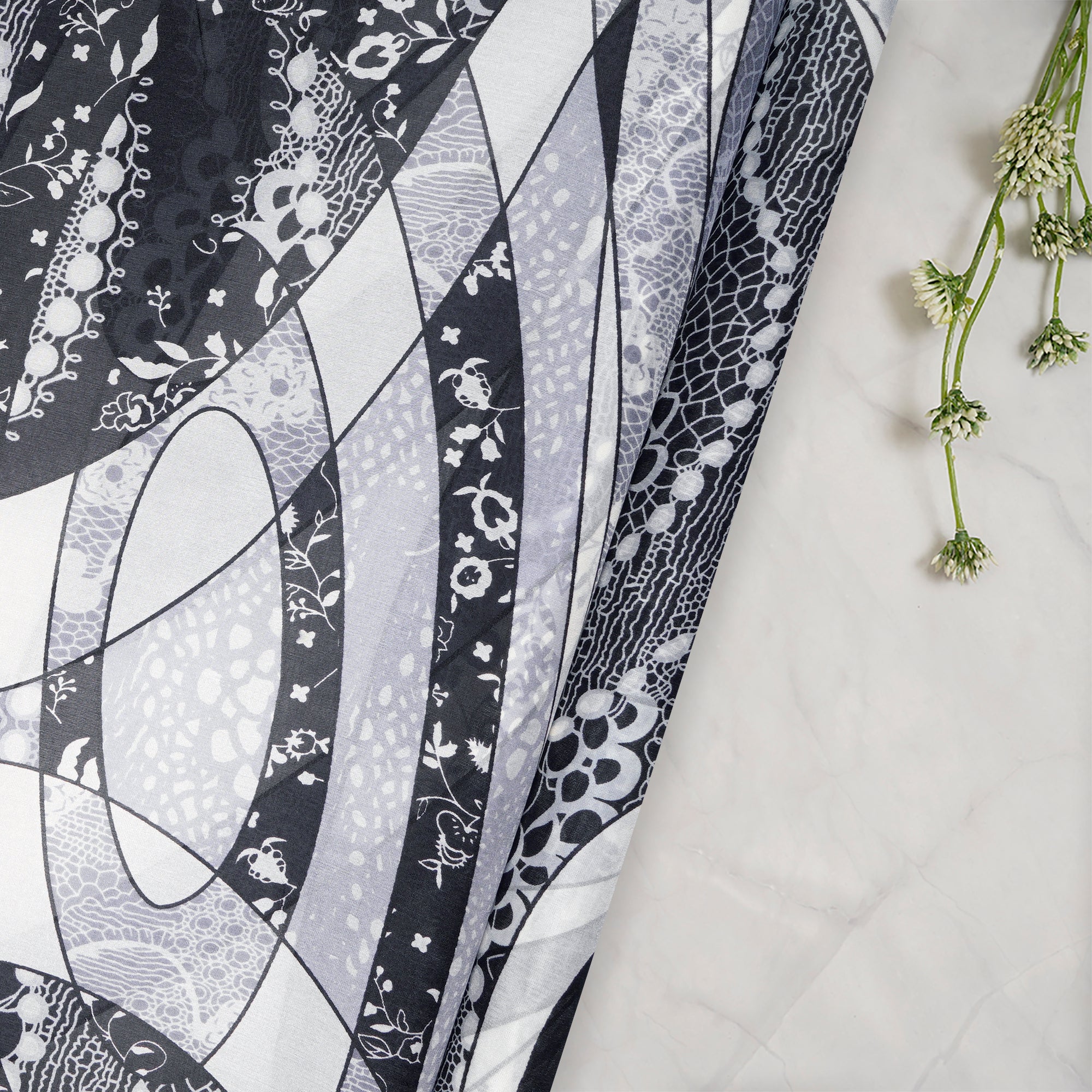 Grey Abstract Pattern Digital Print Imported Habutai Silk Fabric (54" Width)