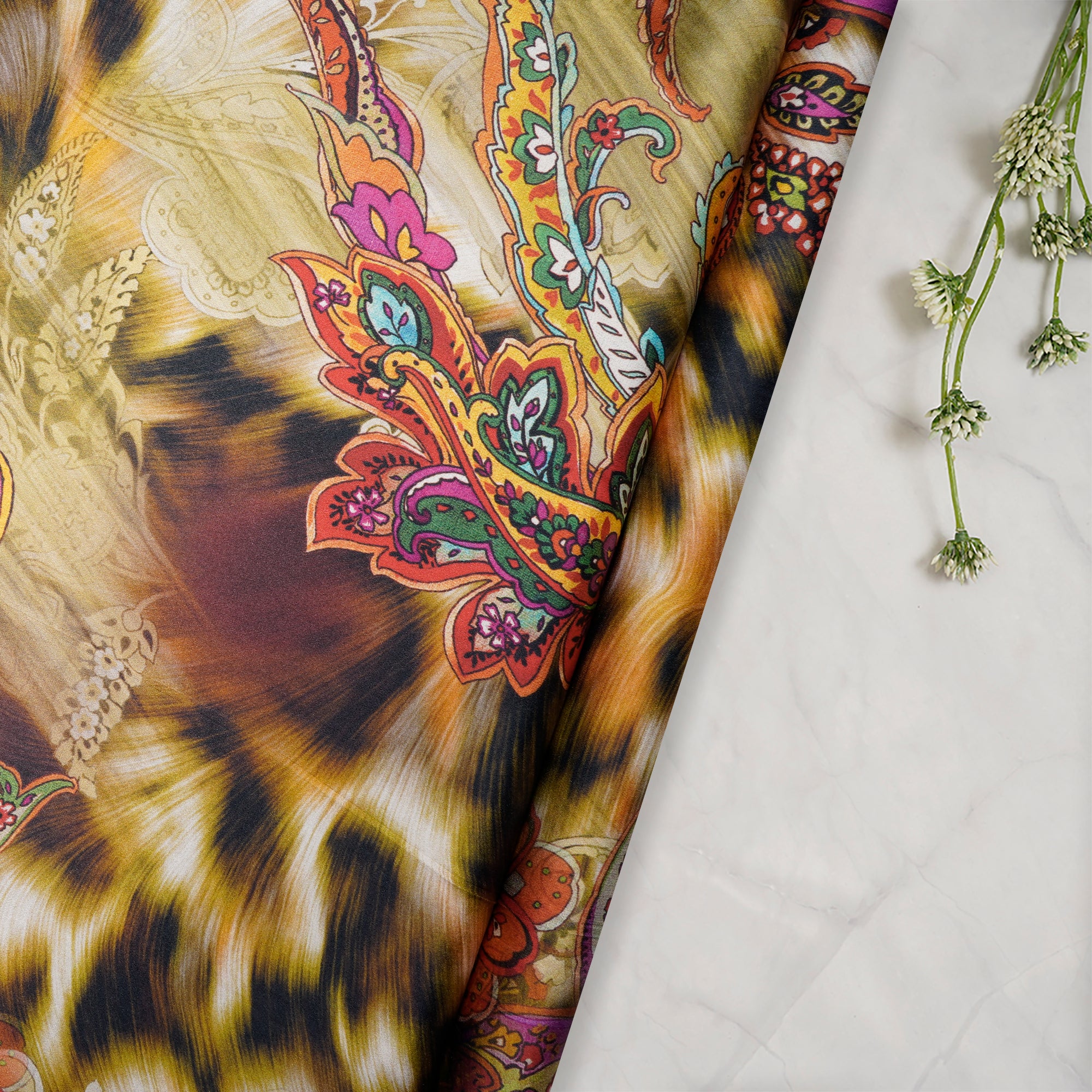Multi Color Floral Pattern Digital Print Imported Silk Satin Fabric (44" Width)