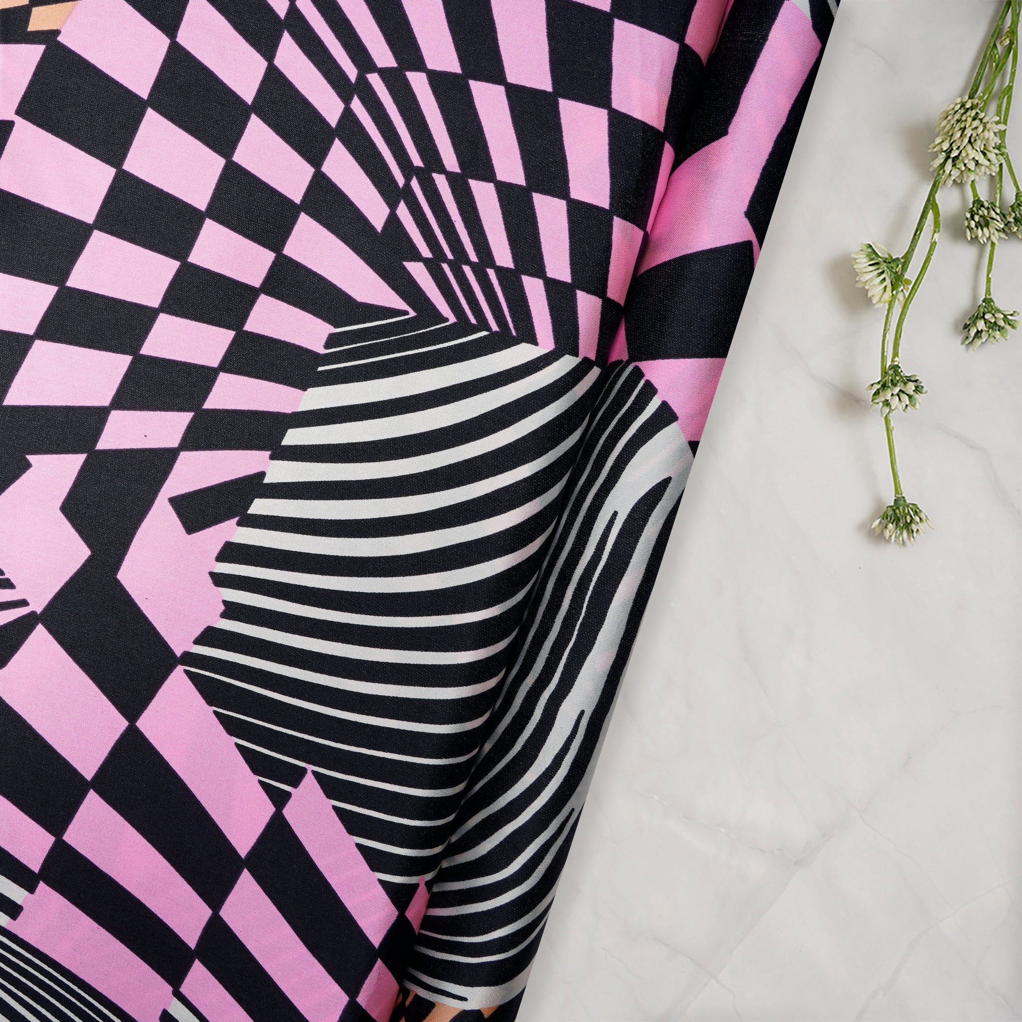 Black-Pink Geometric Pattern Digital Print Imported Silk Satin Fabric (44" Width)