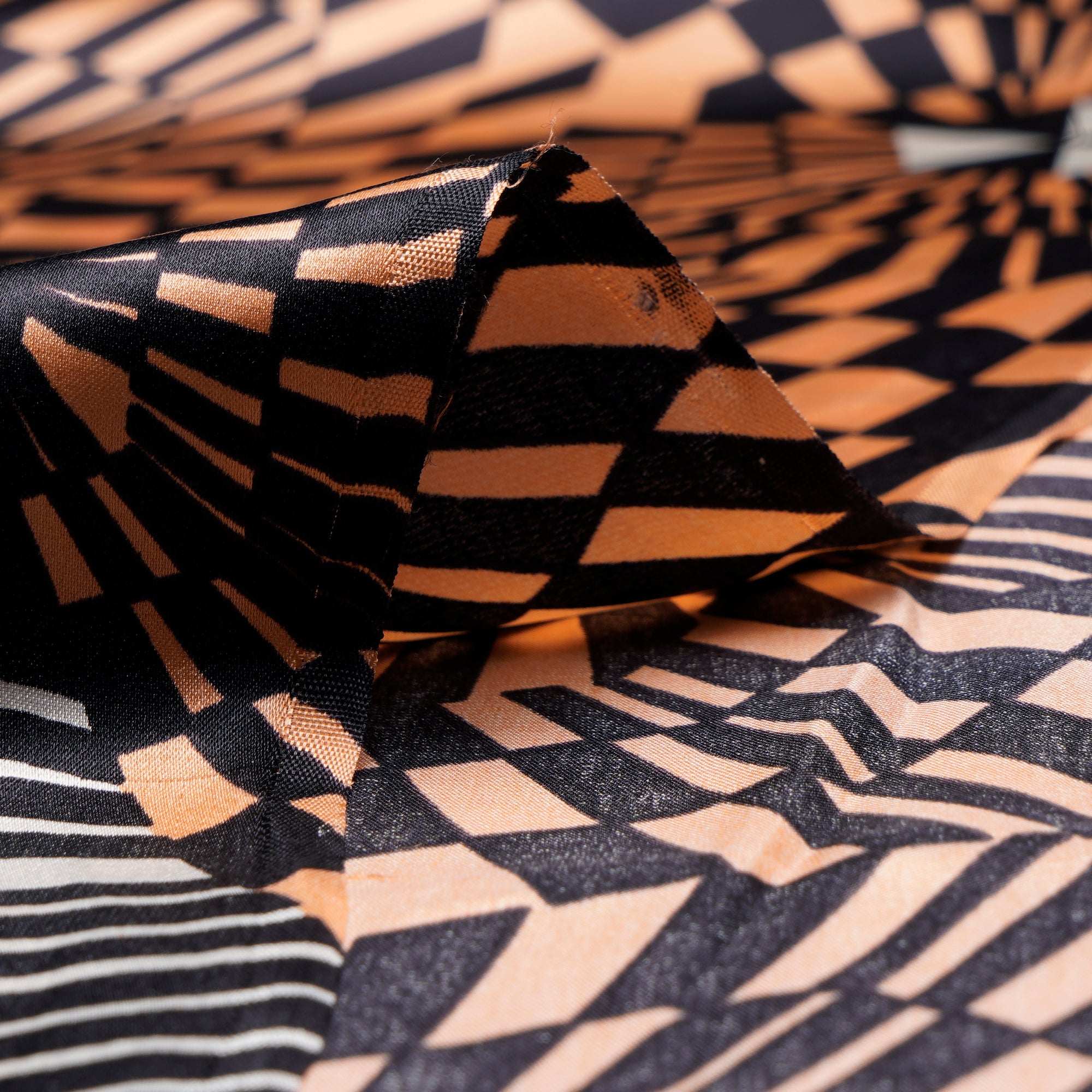 Black-Pink Geometric Pattern Digital Print Imported Silk Satin Fabric (44" Width)