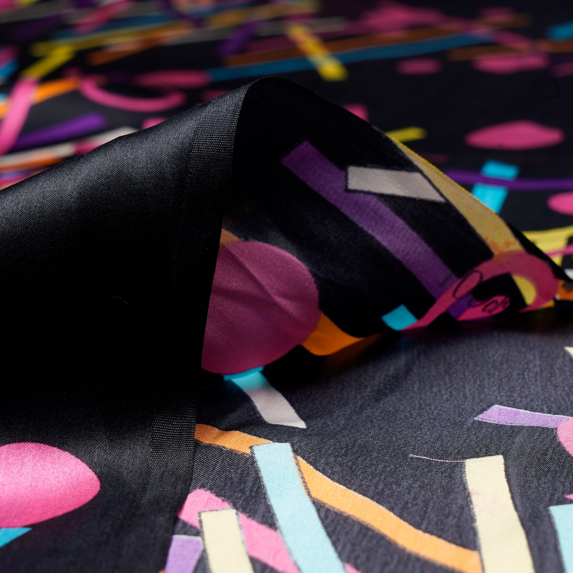 Black Geometric Pattern Digital Print Imported Silk Satin Fabric (44" Width)