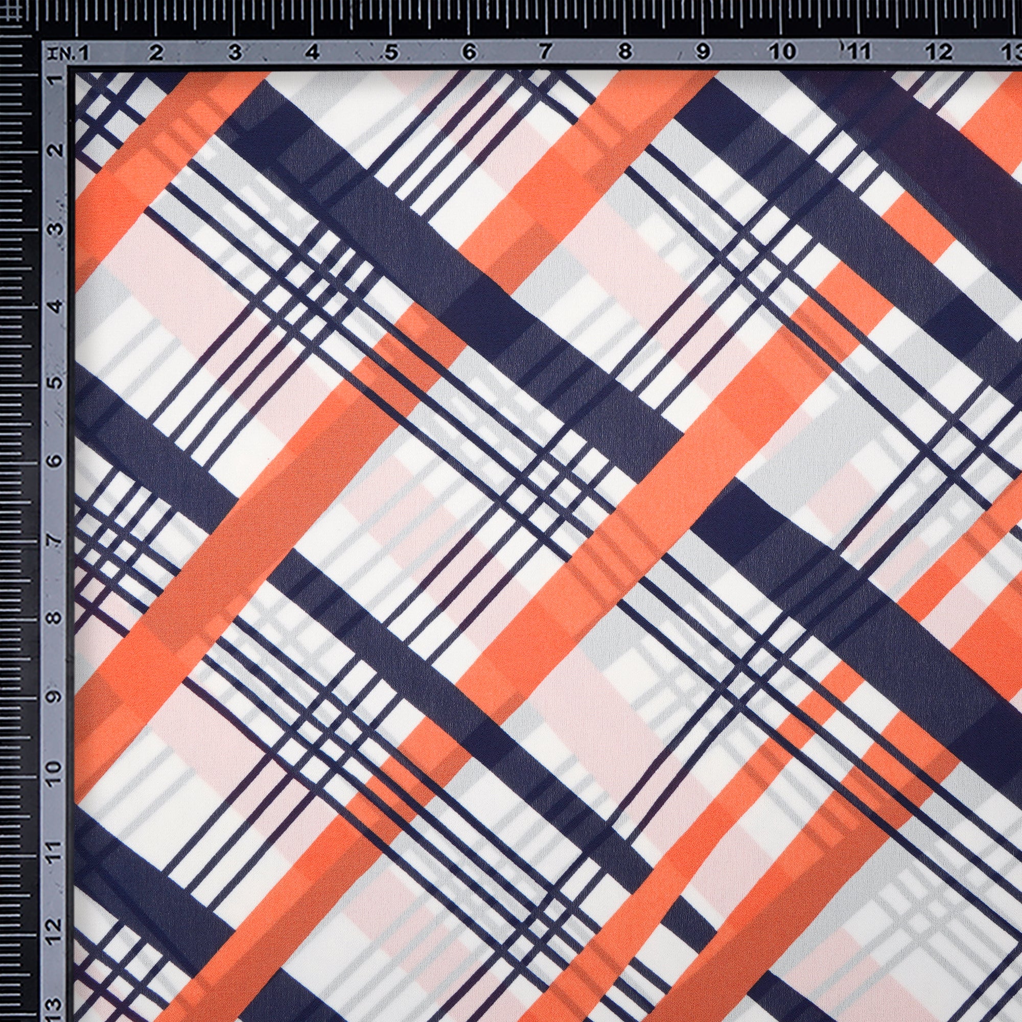 White-Orange Check Pattern Digital Print Imported Royal Georgette Fabric (60" Width)