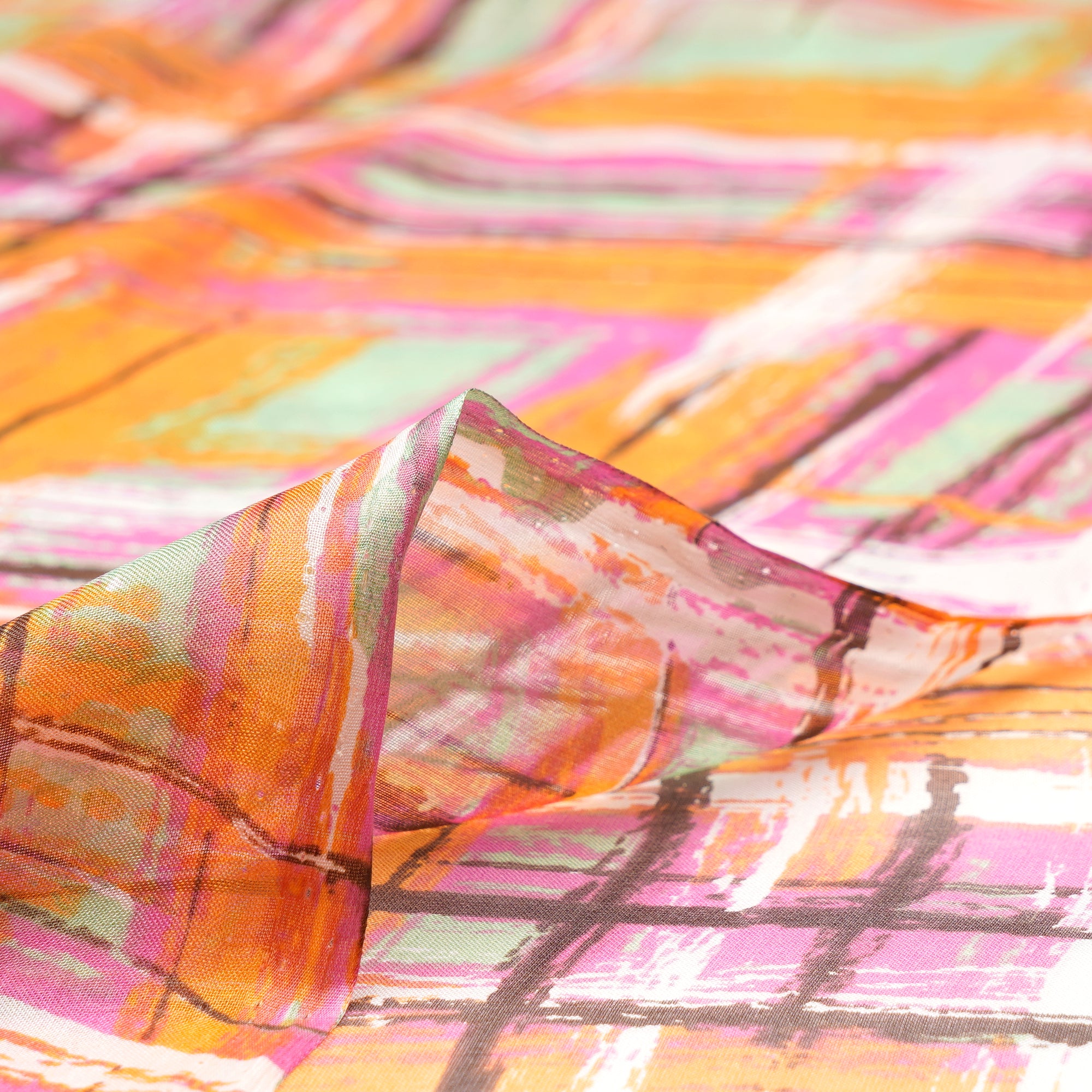 Pink-Orange Abstract Pattern Digital Print Imported Flat Chiffon Silk Fabric (54" Width)