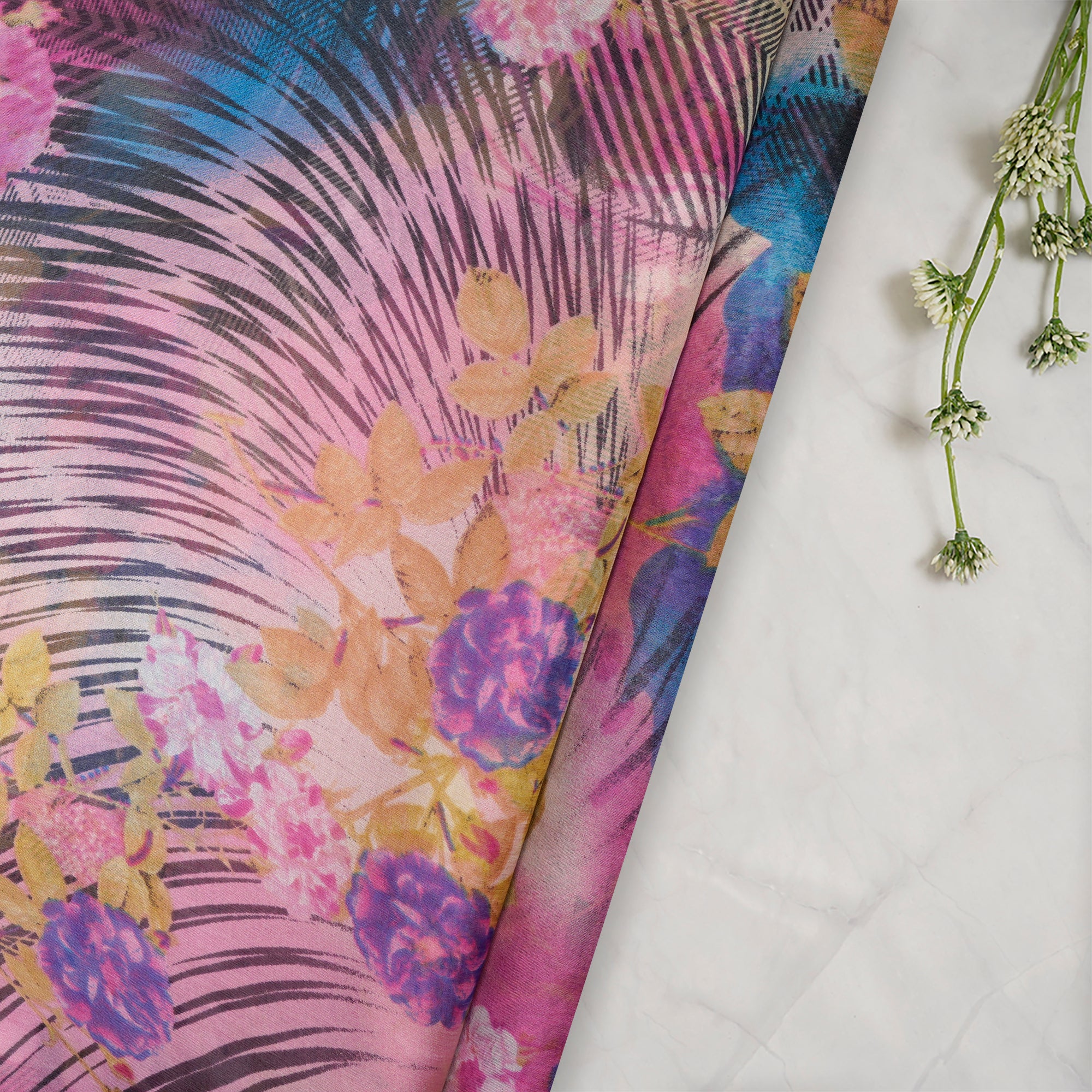 Pink Floral Pattern Digital Print Imported Flat Chiffon Silk Fabric (54" Width)