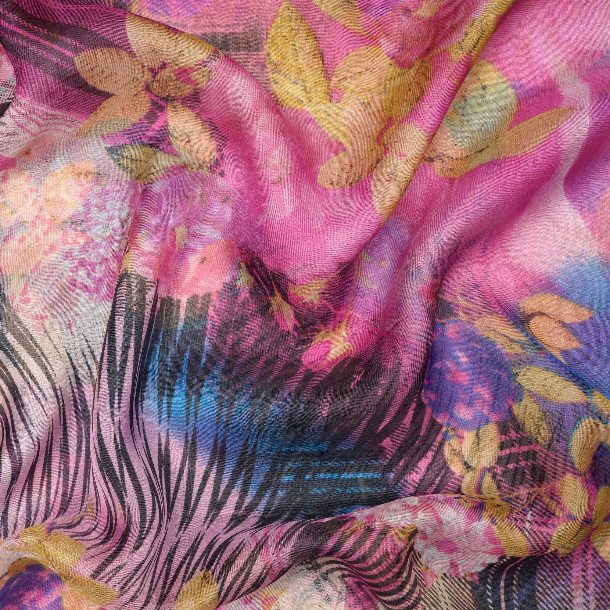 Pink Floral Pattern Digital Print Imported Flat Chiffon Silk Fabric (54" Width)