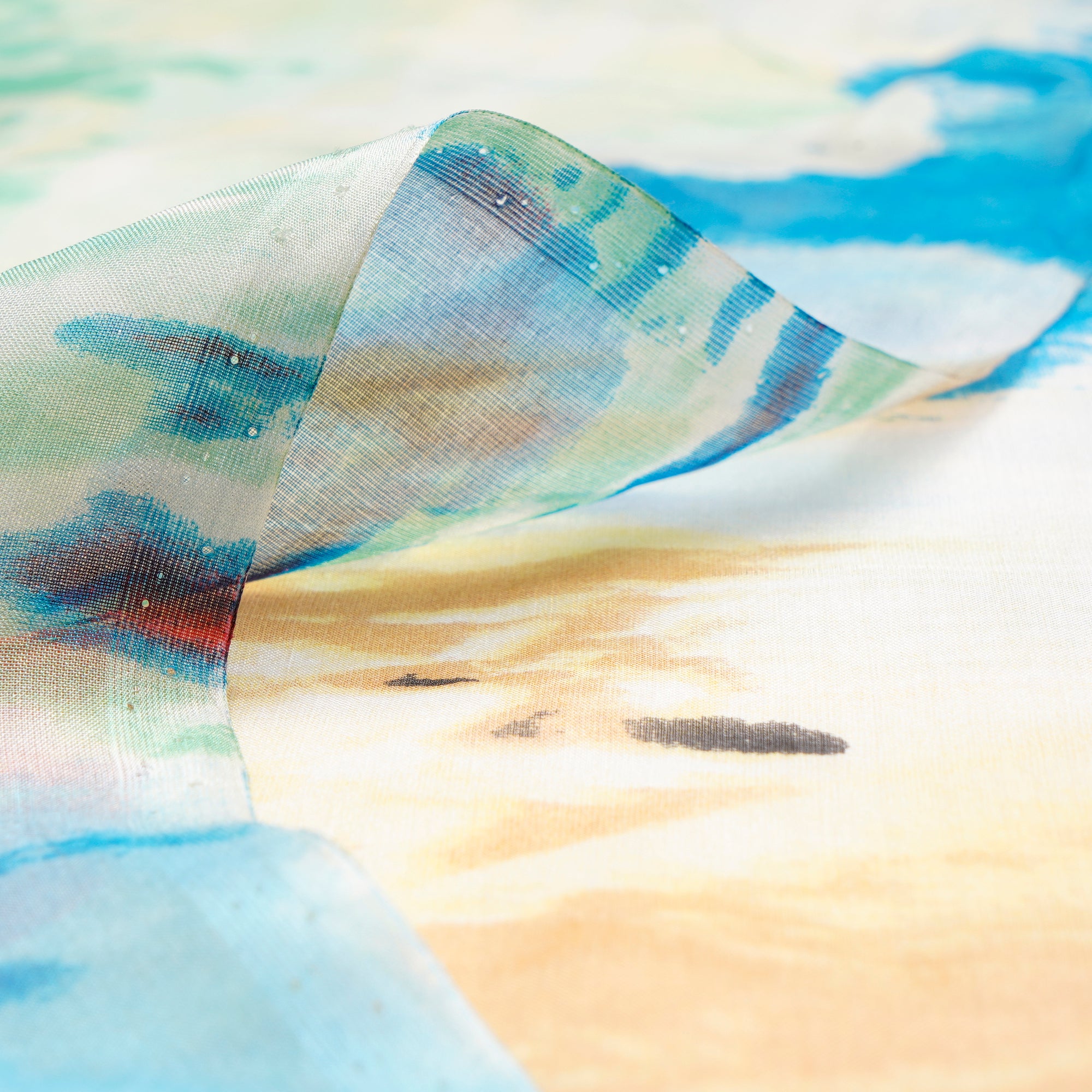Green-Blue Abstract Pattern Digital Print Imported Flat Chiffon Silk Fabric (54" Width)