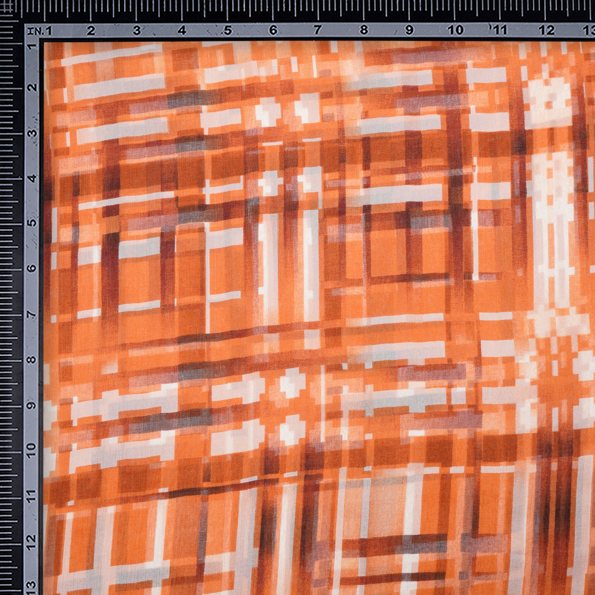 Brown Check Pattern Digital Print Imported Flat Chiffon Silk Fabric (54" Width)