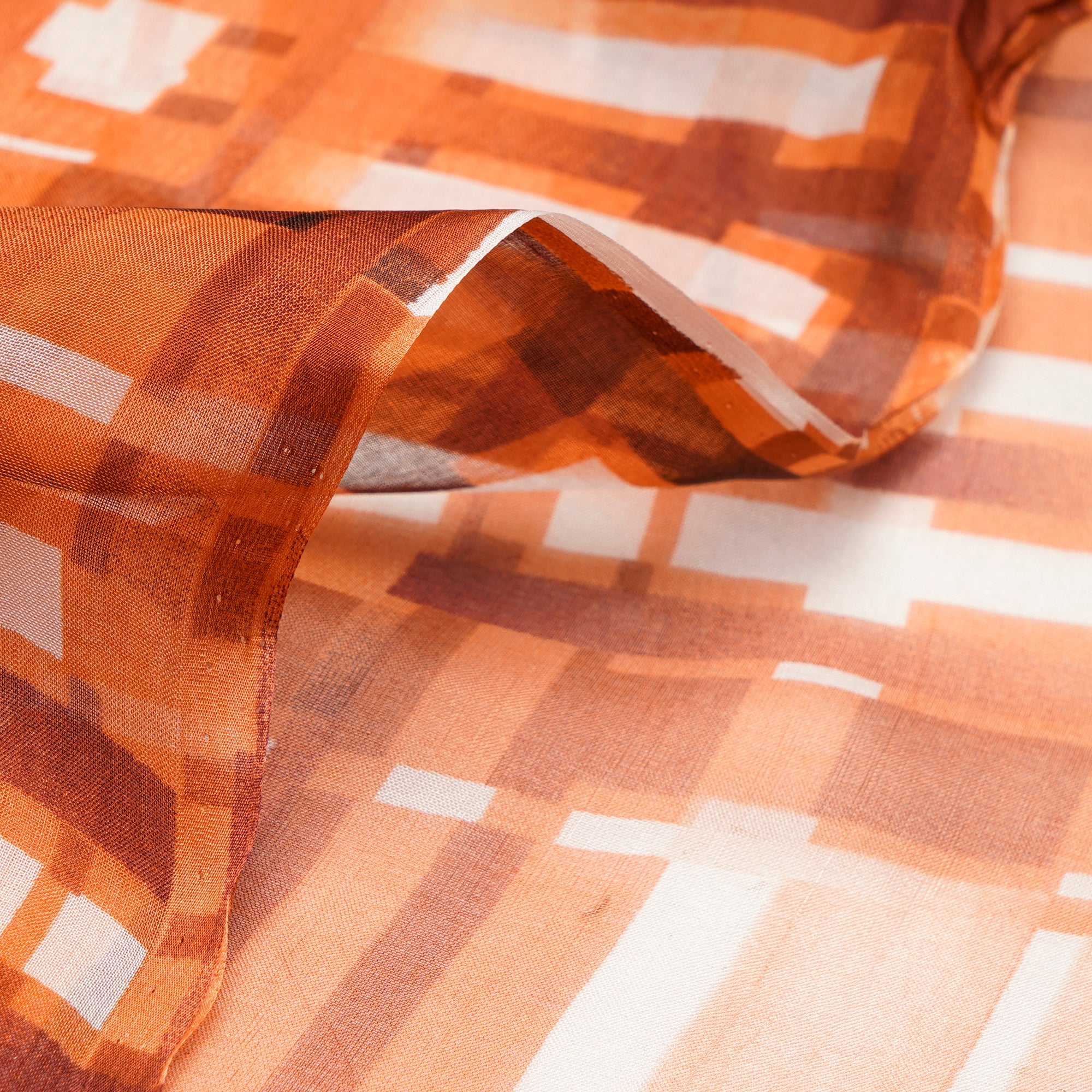 Brown Check Pattern Digital Print Imported Flat Chiffon Silk Fabric (54" Width)